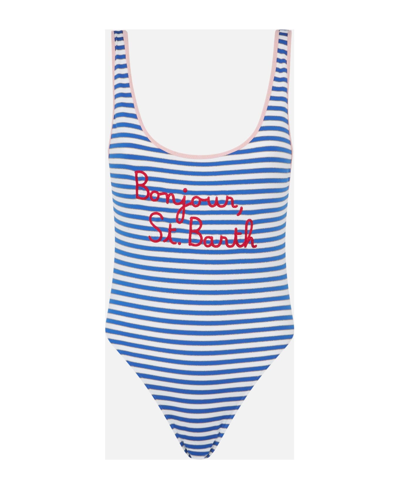 MC2 Saint Barth Woman Striped One Piece Swimsuit With Bonjour St. Barth Embroidery - BLUE