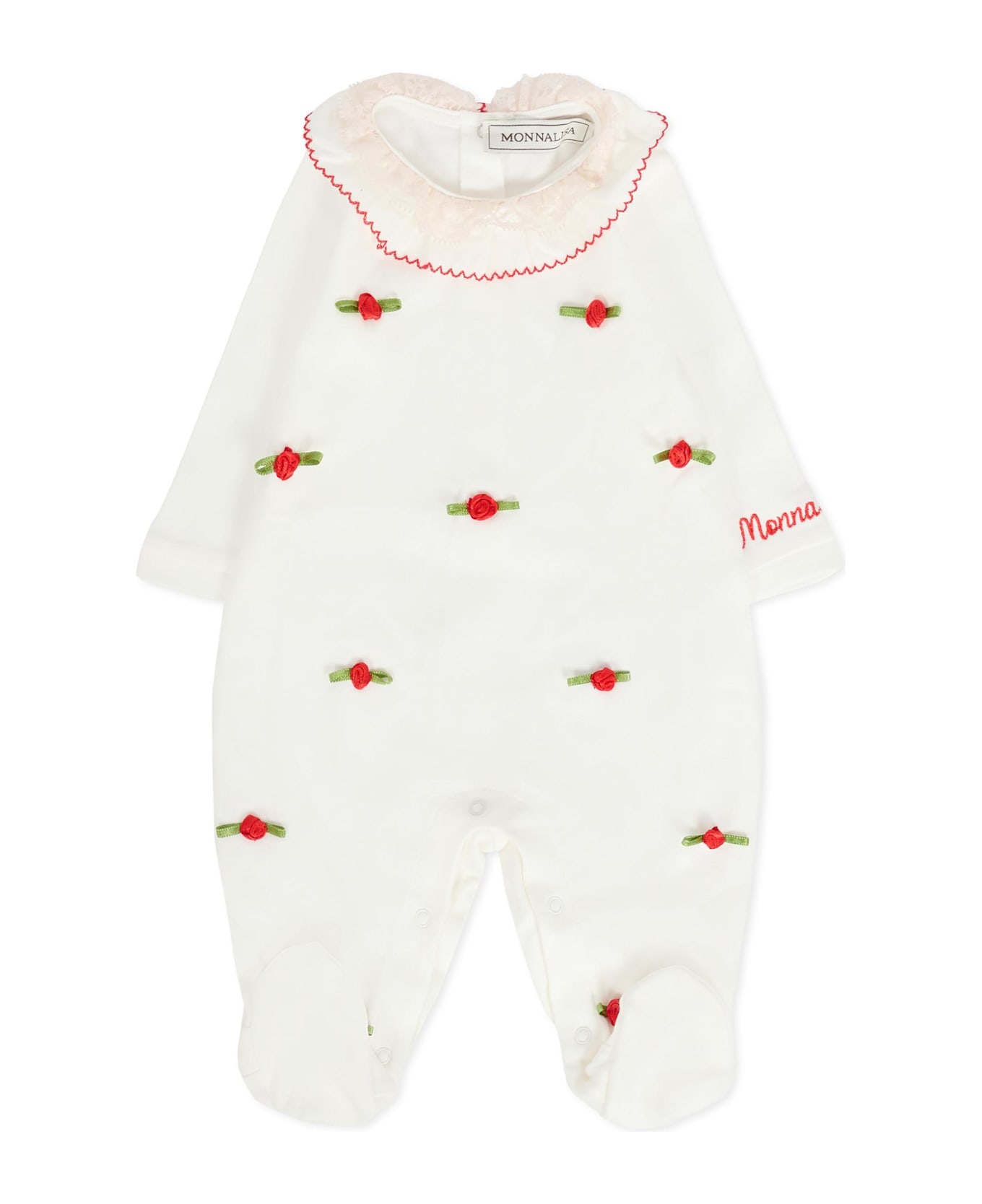 Monnalisa Ivory Babygrow Set For Baby Girl With Roses - Ivory