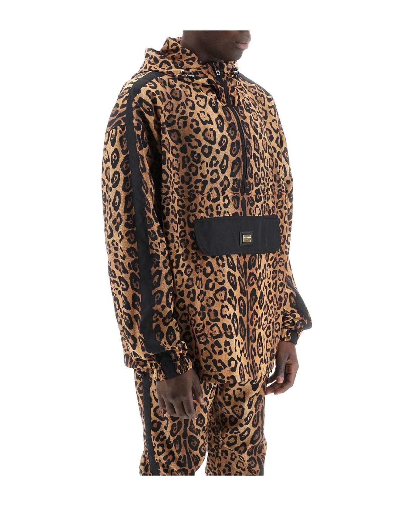 Dolce & Gabbana Leopard-printed Logo Plaque Hooded Jacket - LEO INGRAND MARRONE (Black)