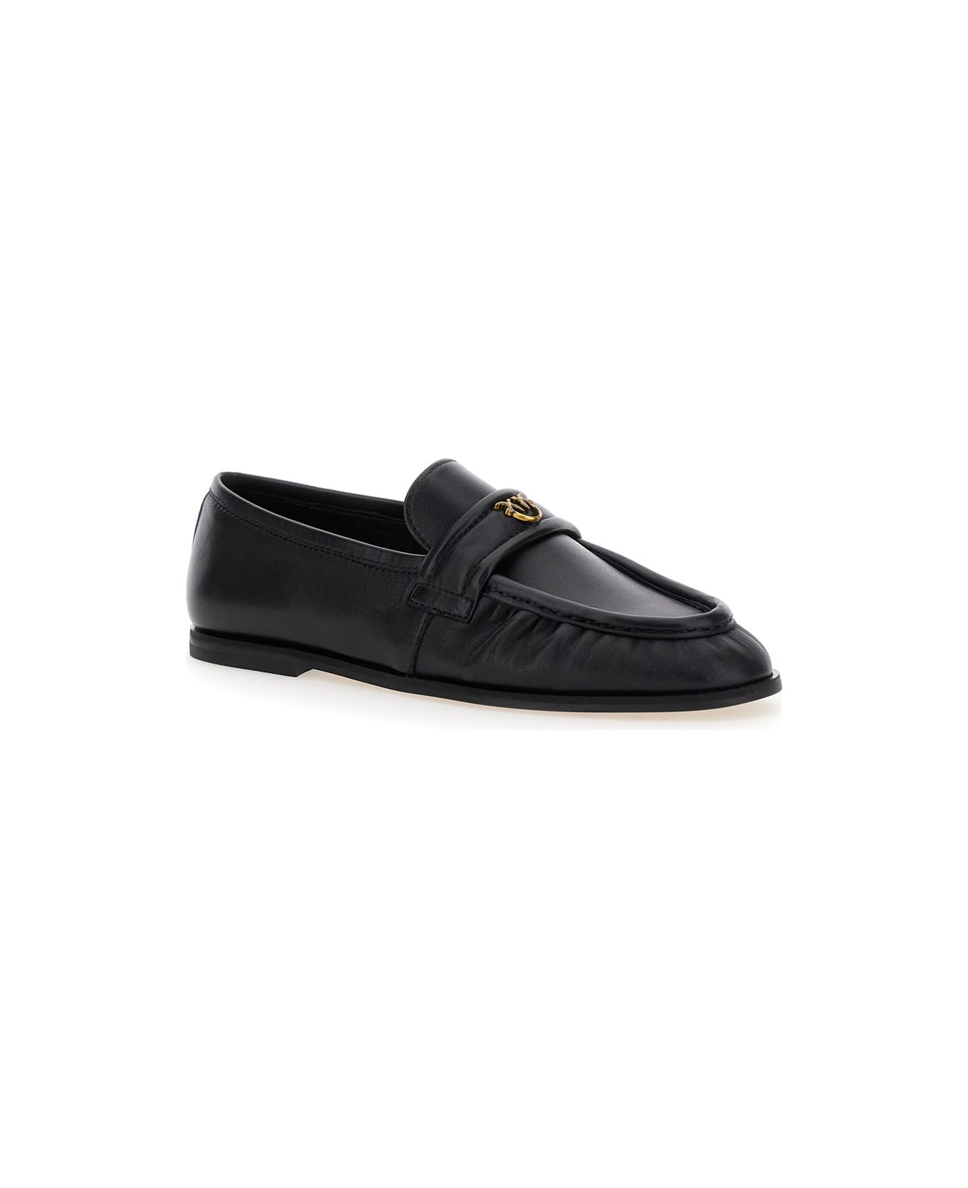 Pinko Black Loafers With Front Metal Logo Detail In Leather Woman - Black