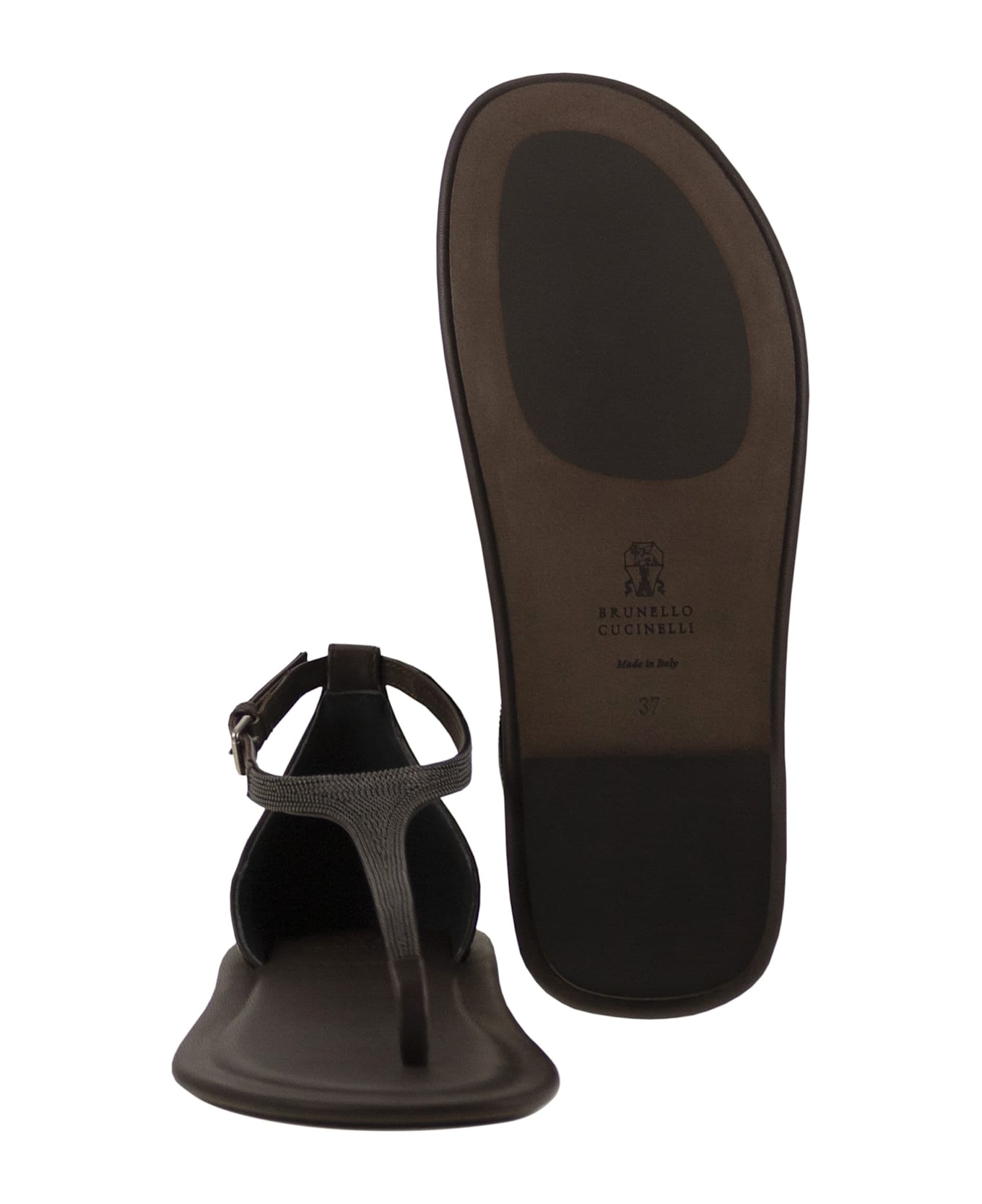 Brunello Cucinelli Nappa Leather Sandals With Precious Strap - Marrone scuro