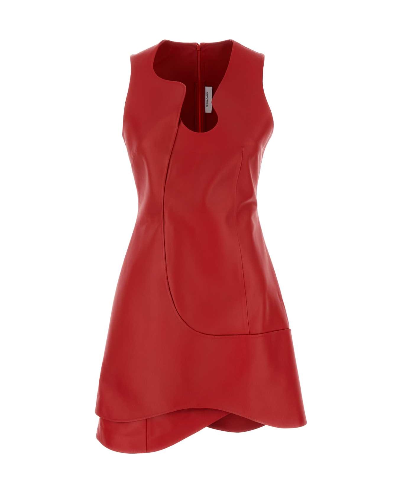 Ferragamo Red Leather Mini Dress - RED