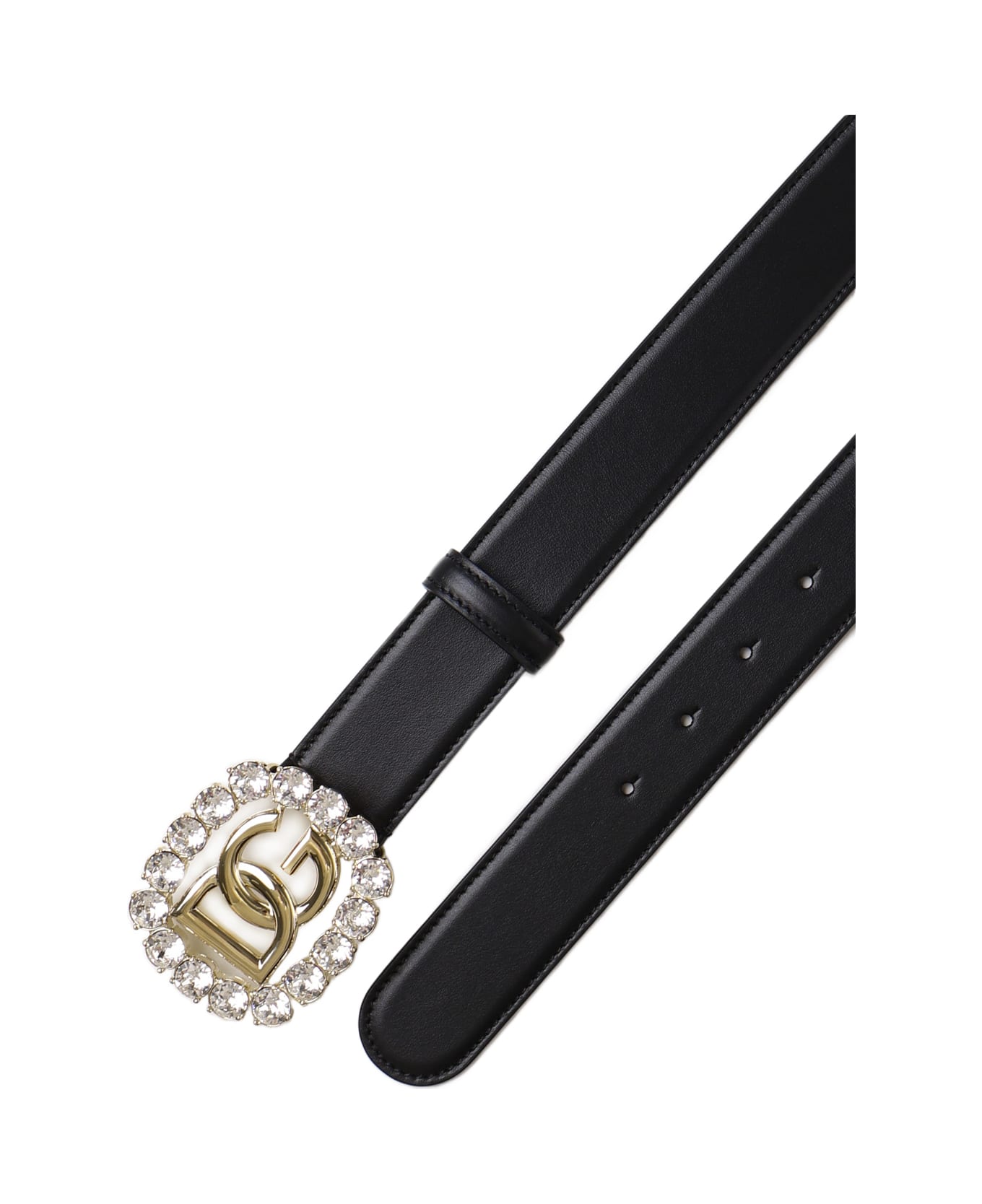 Dolce & Gabbana Calfskin Belt With Logo And Rhinestones - Black