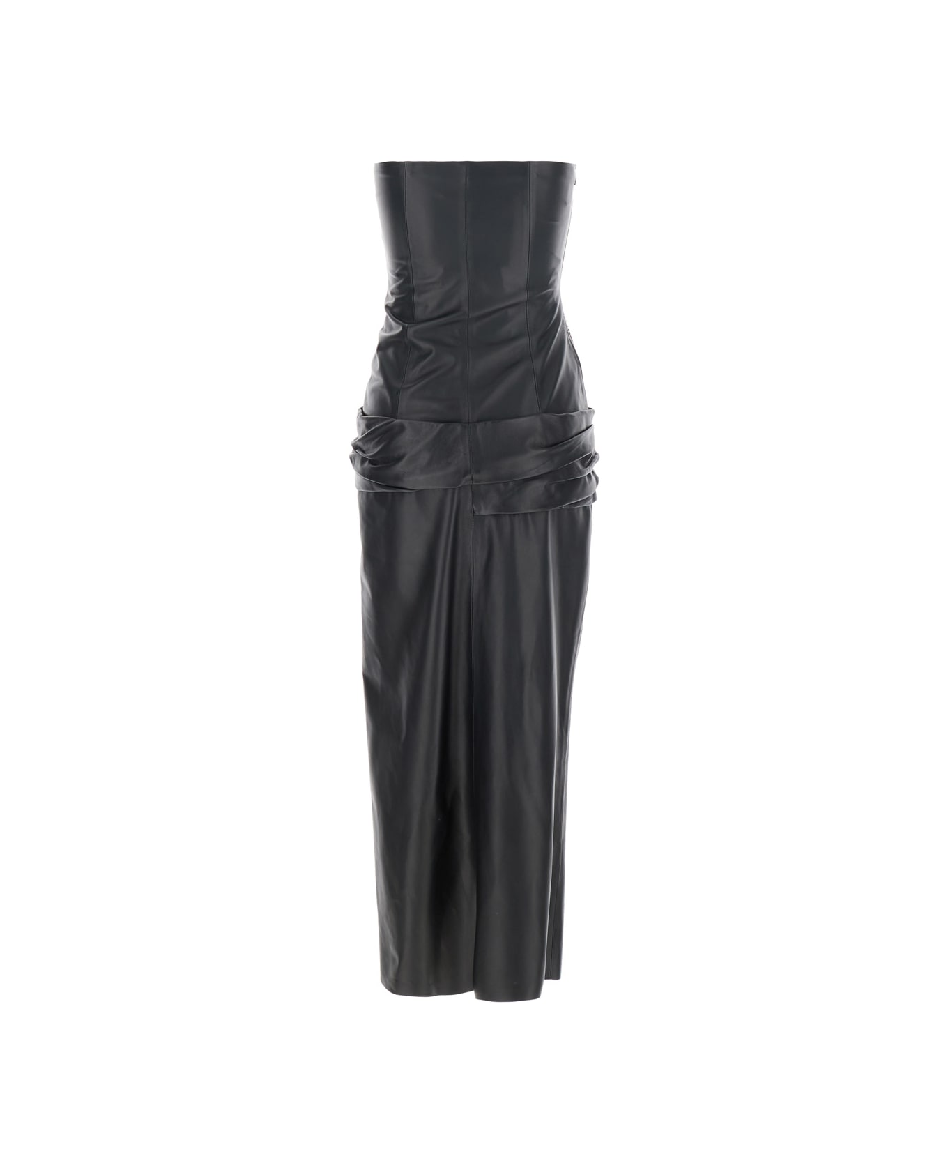 Black Sleeveless Off-shoulder Midi Dress With Front Single Slit And Ruched Waist In Leather Woman - Thumbnail 3