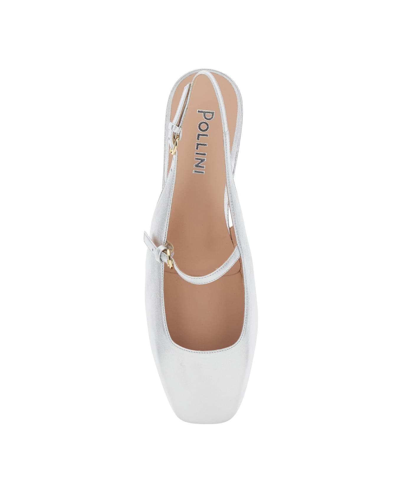 Pollini Silver Colored Slingback Ballerinas With Adjustable Strap In Leather Woman - Metallic