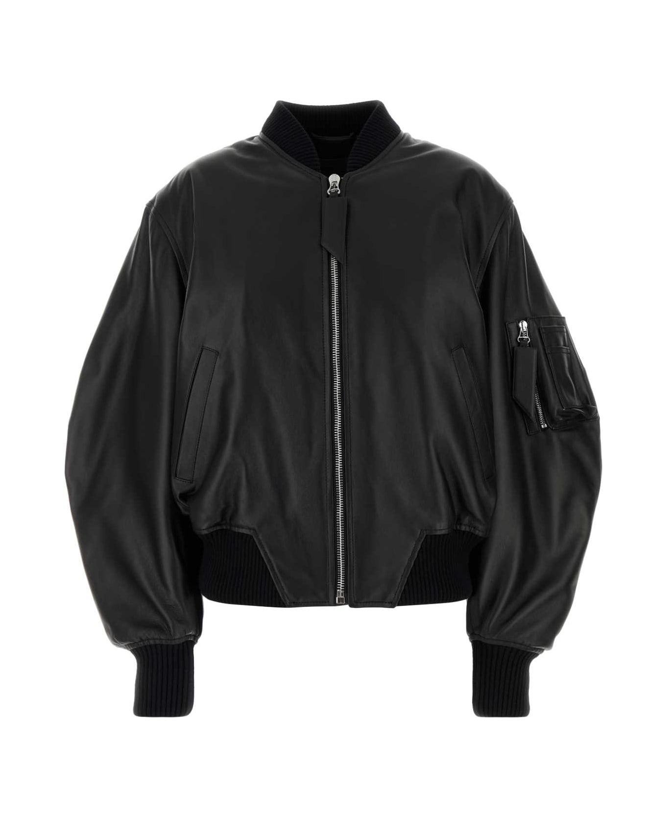 The Attico Black Leather Bomber Jacket - Black