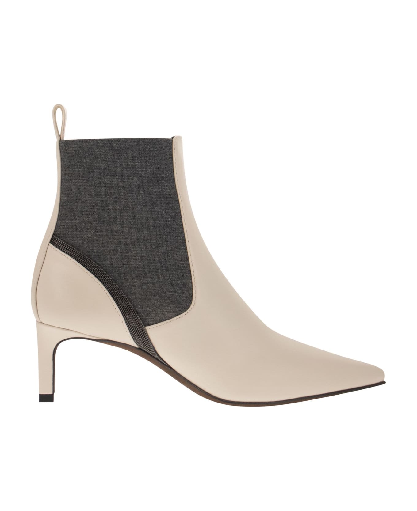 Brunello Cucinelli Leather Heeled Ankle Boots With Shiny Contour - Ivory/grey ブーツ