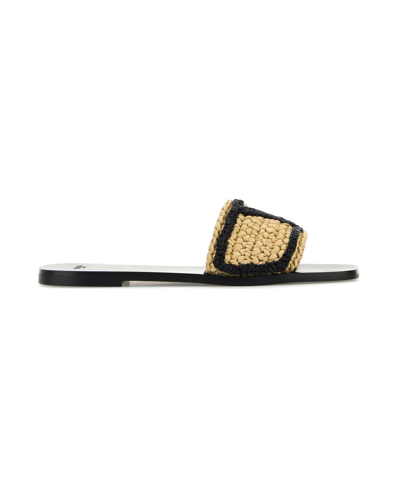 Valentino Garavani Raffia Vlogo Signature Slippers - NATURALENERO