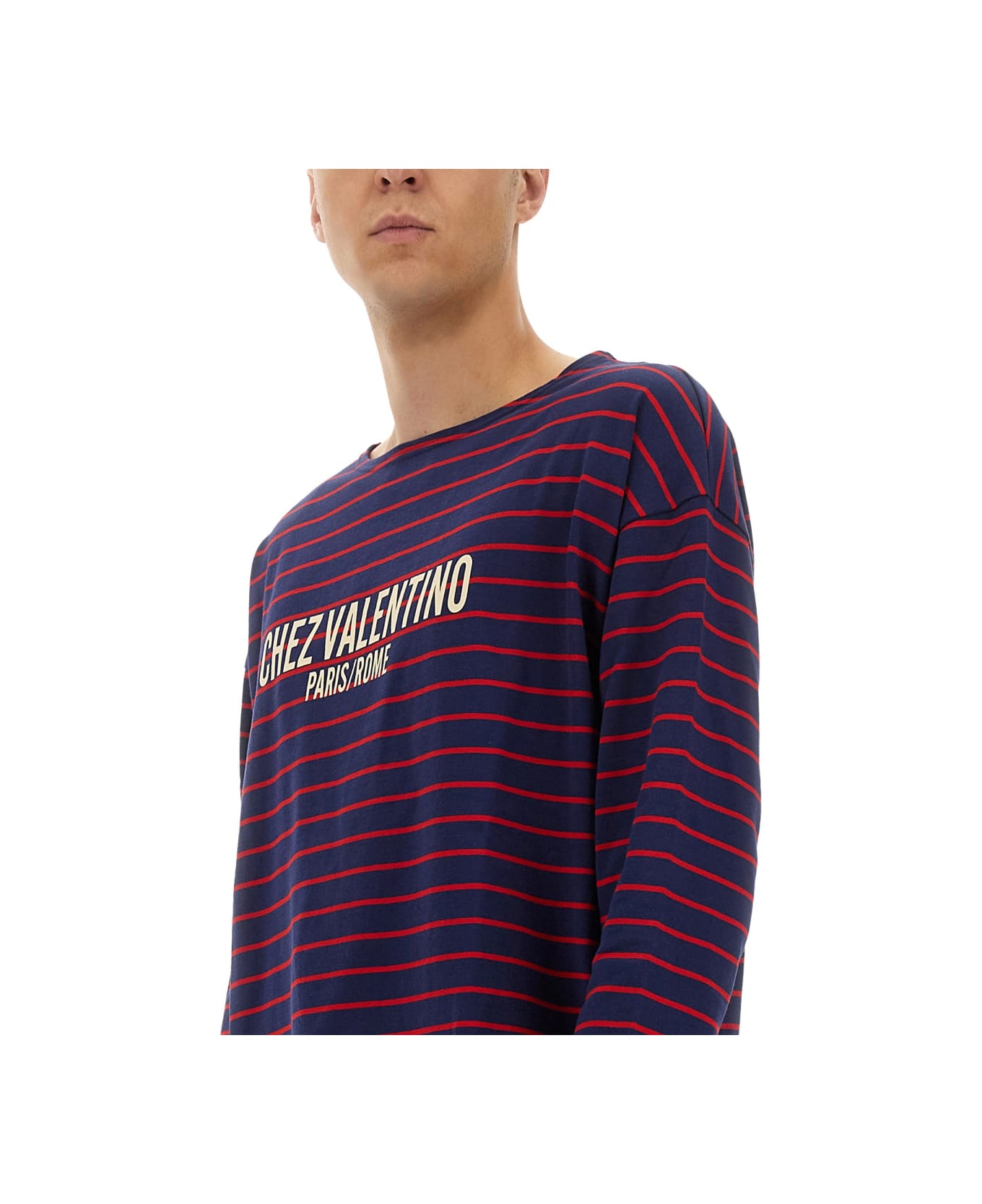 Valentino Long Sleeve T-shirt With "chez Valentino" Print - BLUE