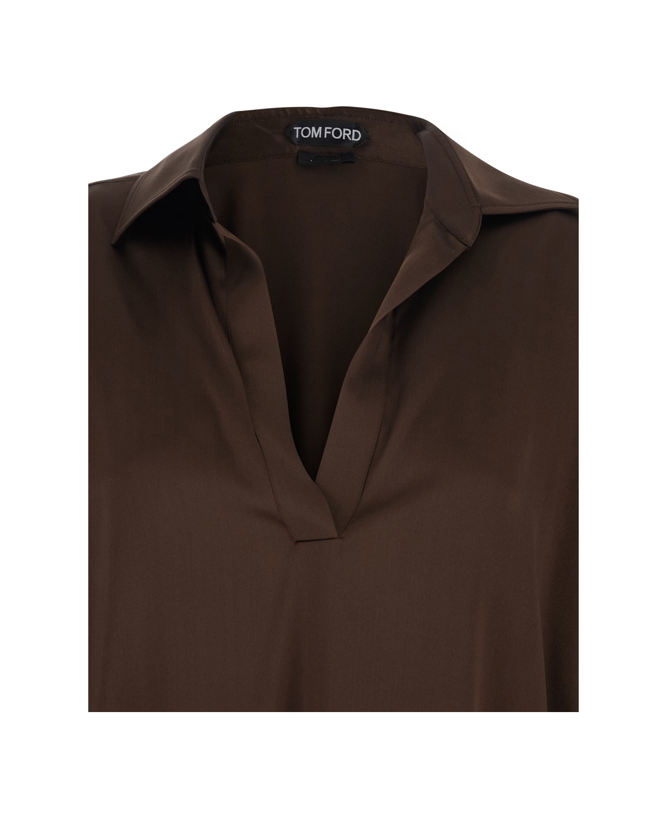 Tom Ford Brown Blouse With V Neck And Wide Pointed Collar In Silk Stretch Woman - Brown