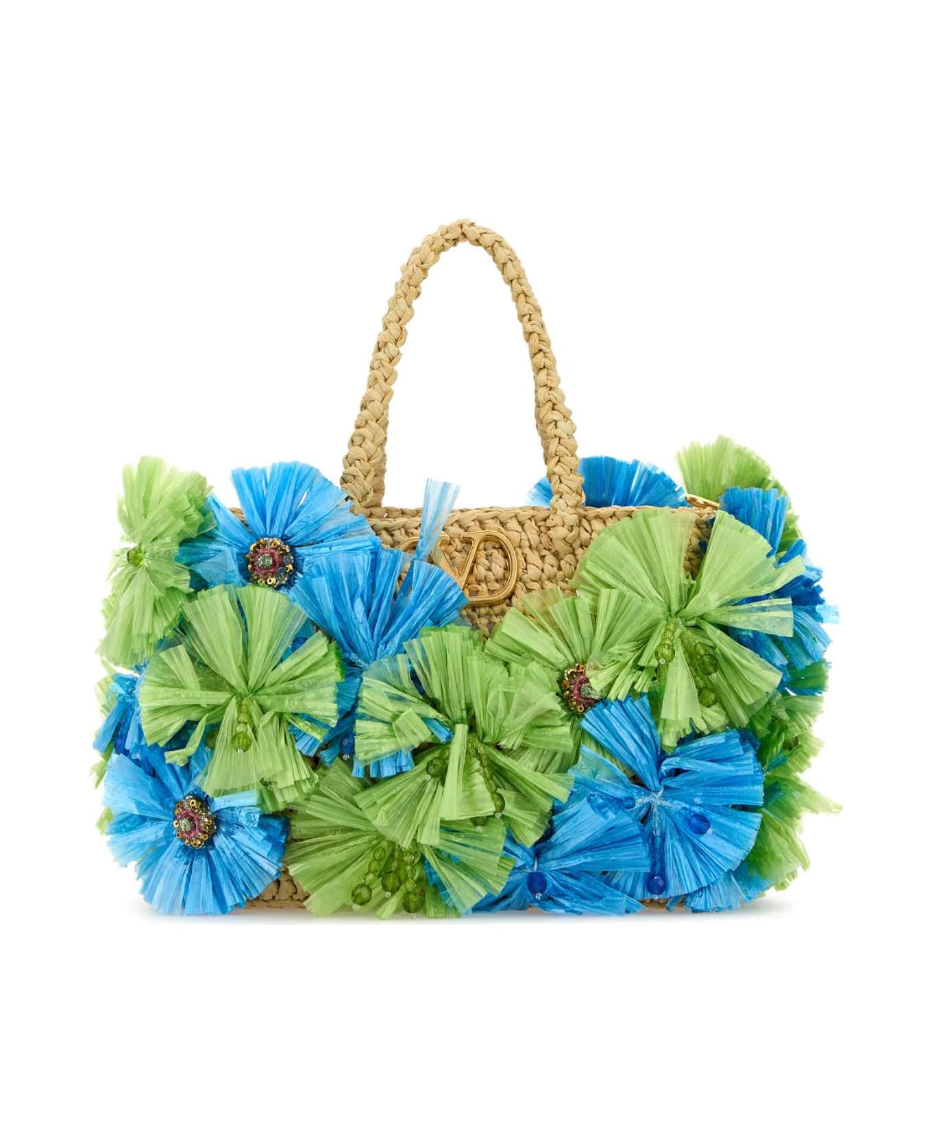 Valentino Garavani Embellished Raffia Vlogo Signature Handbag - NATURALEVERDEAZZURRONATURALCAMEL