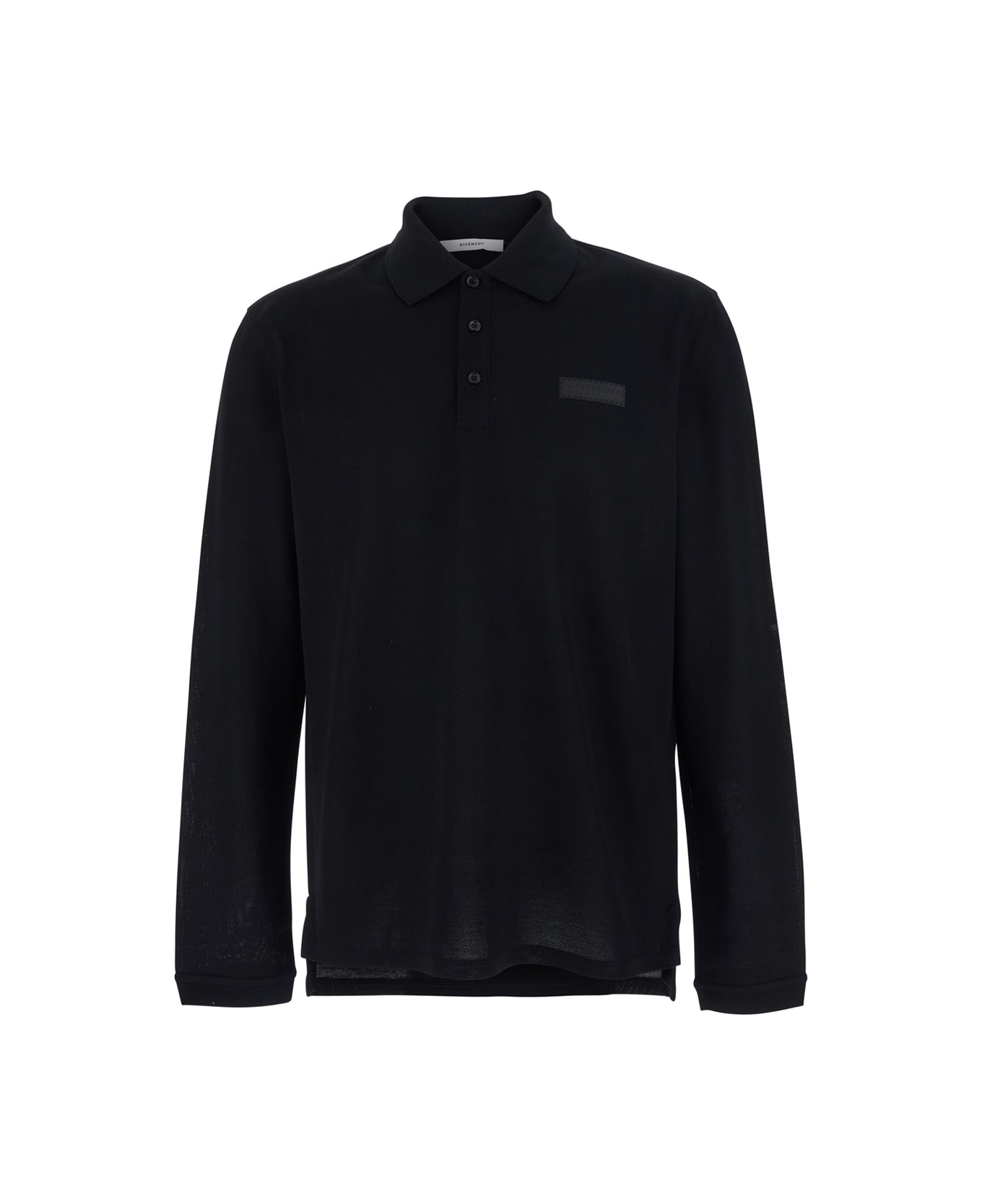 Givenchy Black Polo Shirt With Logn Sleeves And Chest Logo Patch In Cotton Man - Black