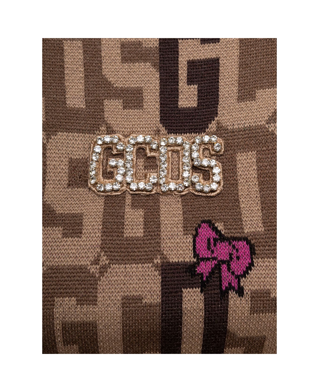 GCDS Cropped Sweater In Mixed Wool Knit With Logo Plate, Hello Kitty And Logo In Contrastingh Jacquard Gcds Woman - Brown