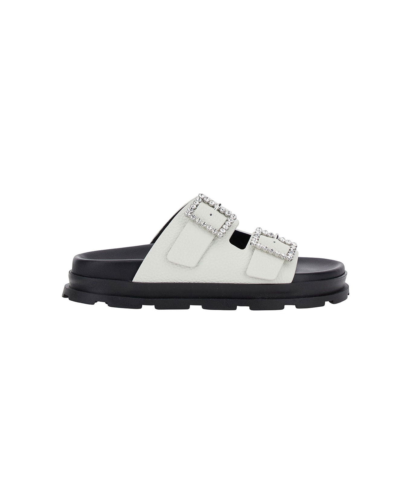 Pollini White Sandals With Rhinestone Buckle In Hammered Leather Woman - White