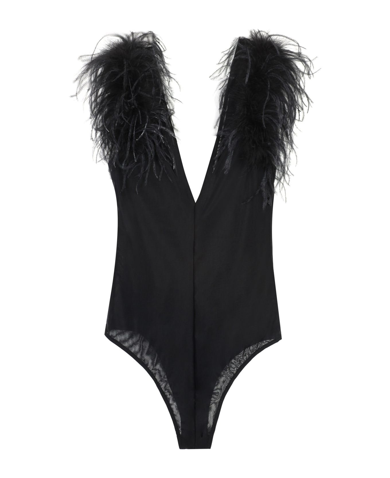 Pinko Stretch Nylon Bodysuit With Feathers - black