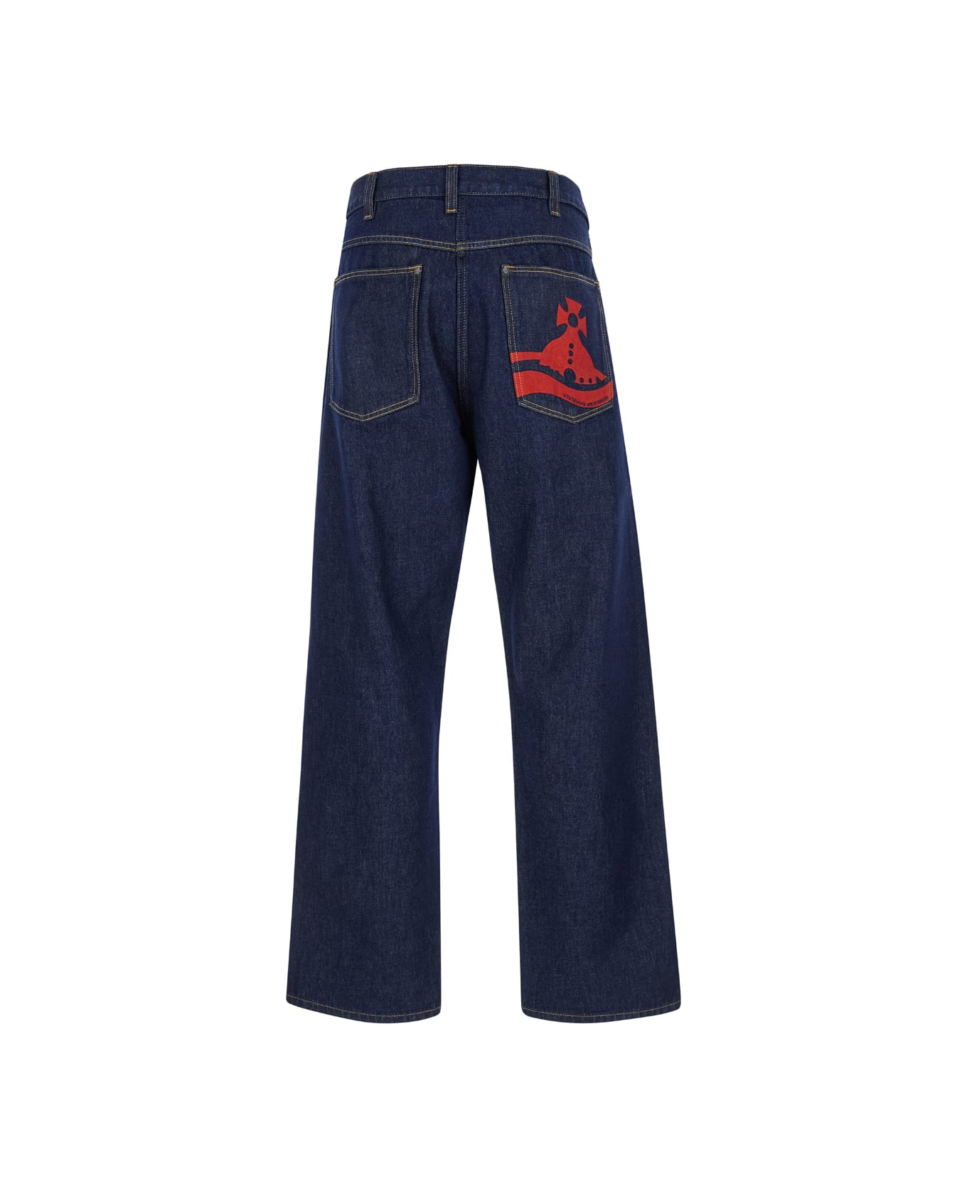 Vivienne Westwood Ranch Blue Wide Jeans With Orb Patch In Cotton Denim Man - DENIM