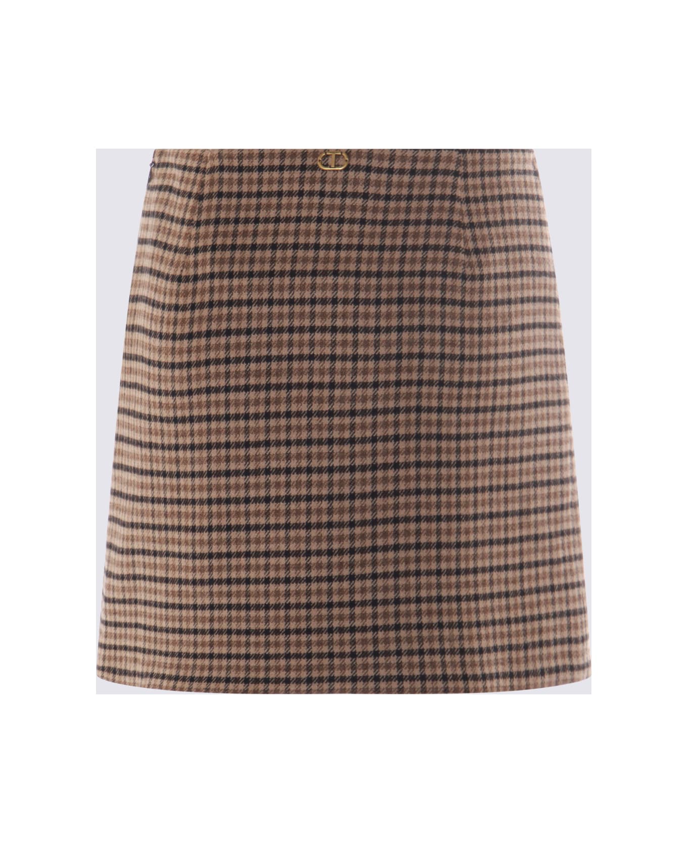 TwinSet Beige Wool Skirt - SMALL CHECK CAMMELLO/NERO