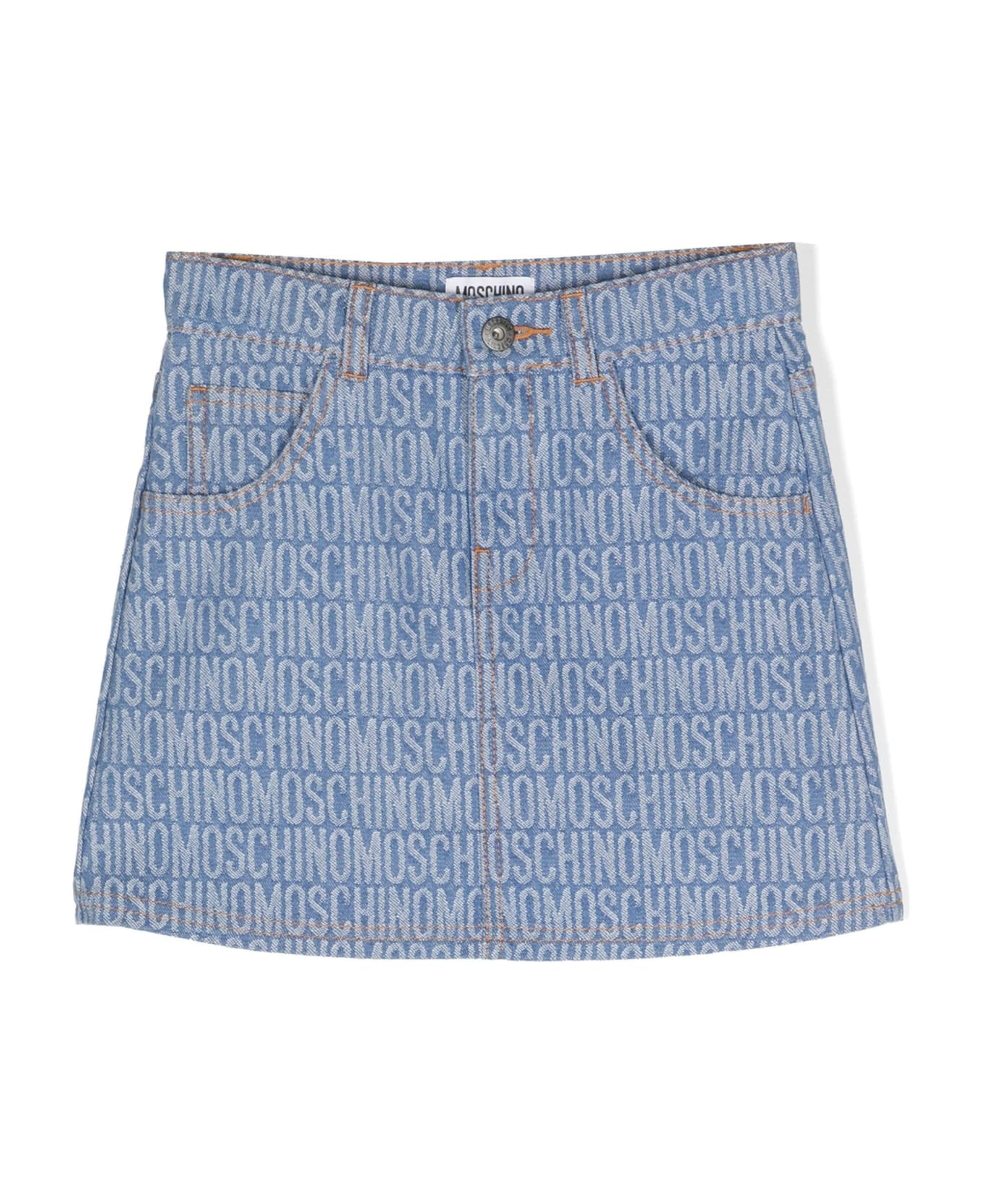 Moschino Blue Denim Mini Skirt With All-over Logo - Blue