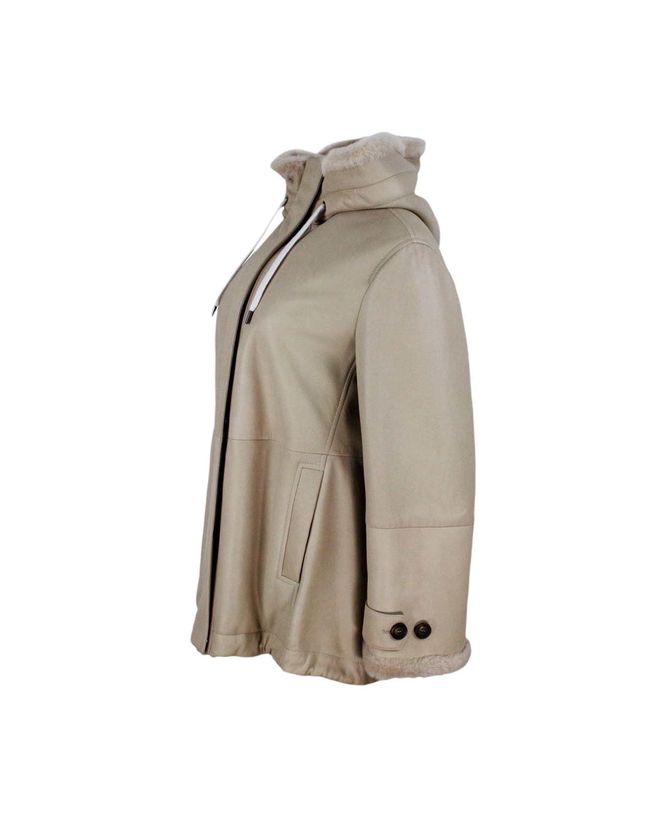 Brunello Cucinelli Soft Shearling Jacket With Hood - Beige