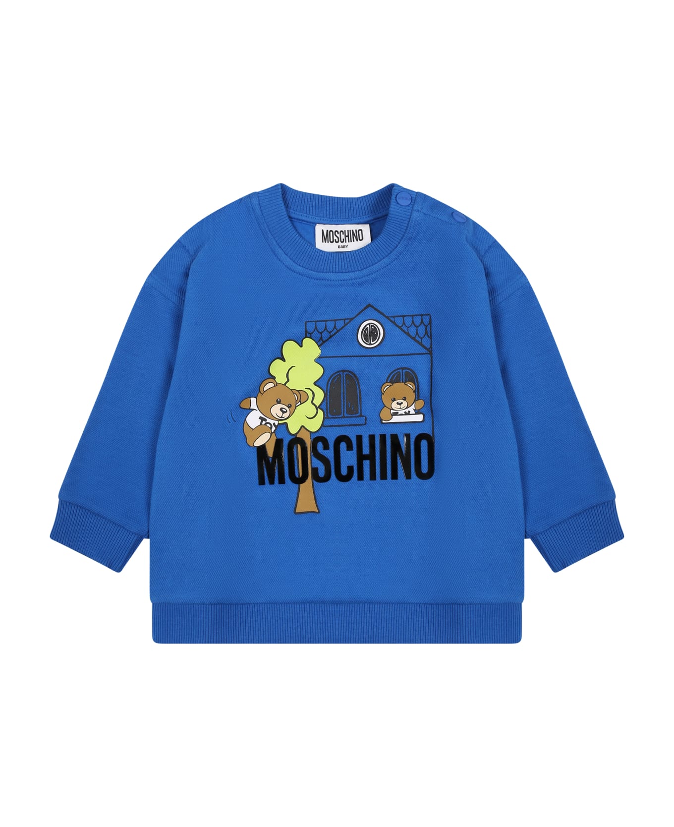 Moschino Blue Sweatshirt For Baby Boy With Teddy Bears And Logo - Blue