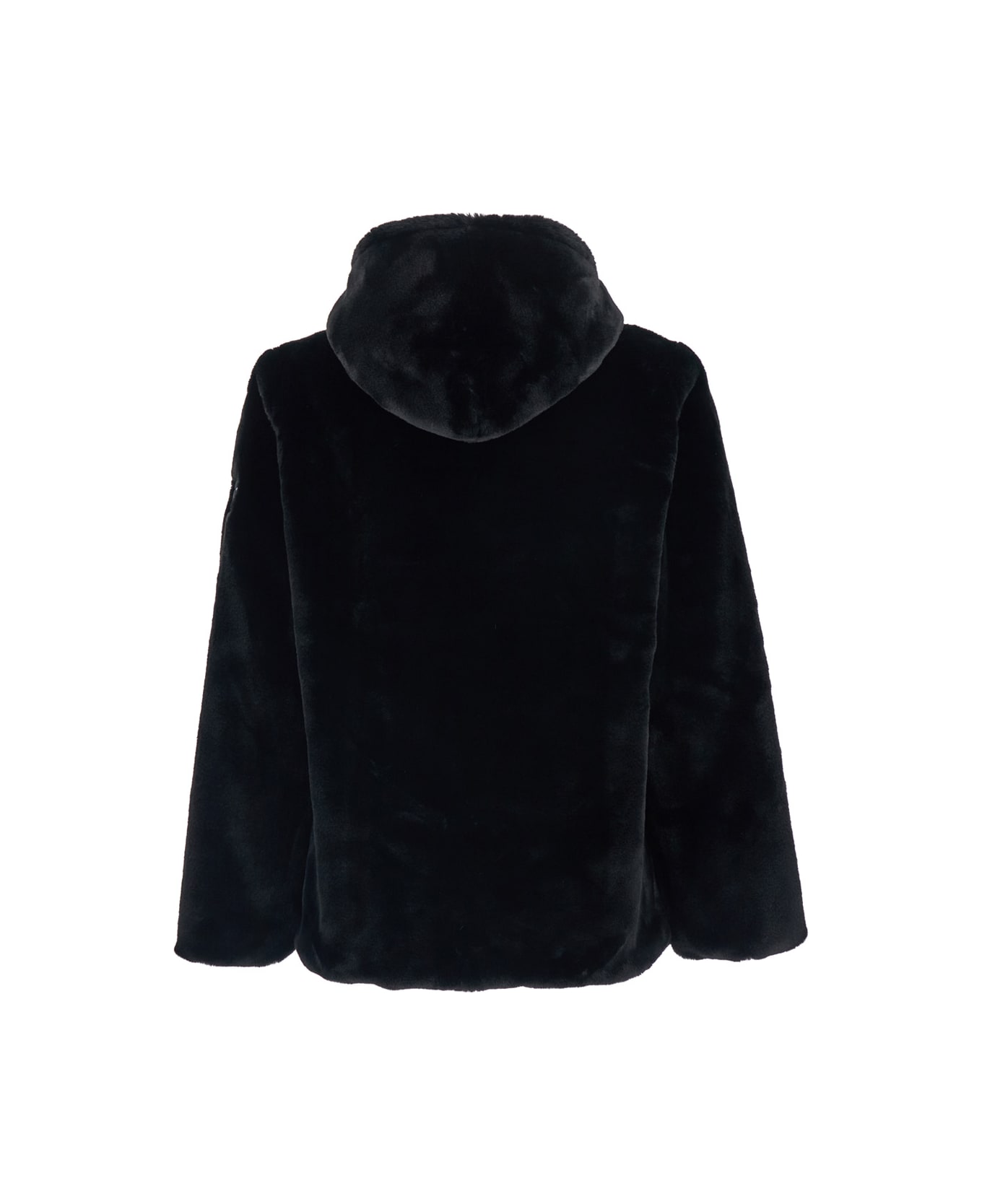 TATRAS Black Hooded Jacket With Drawstring And Logo Patch On The Sleeve In Faux Fur Man - Black