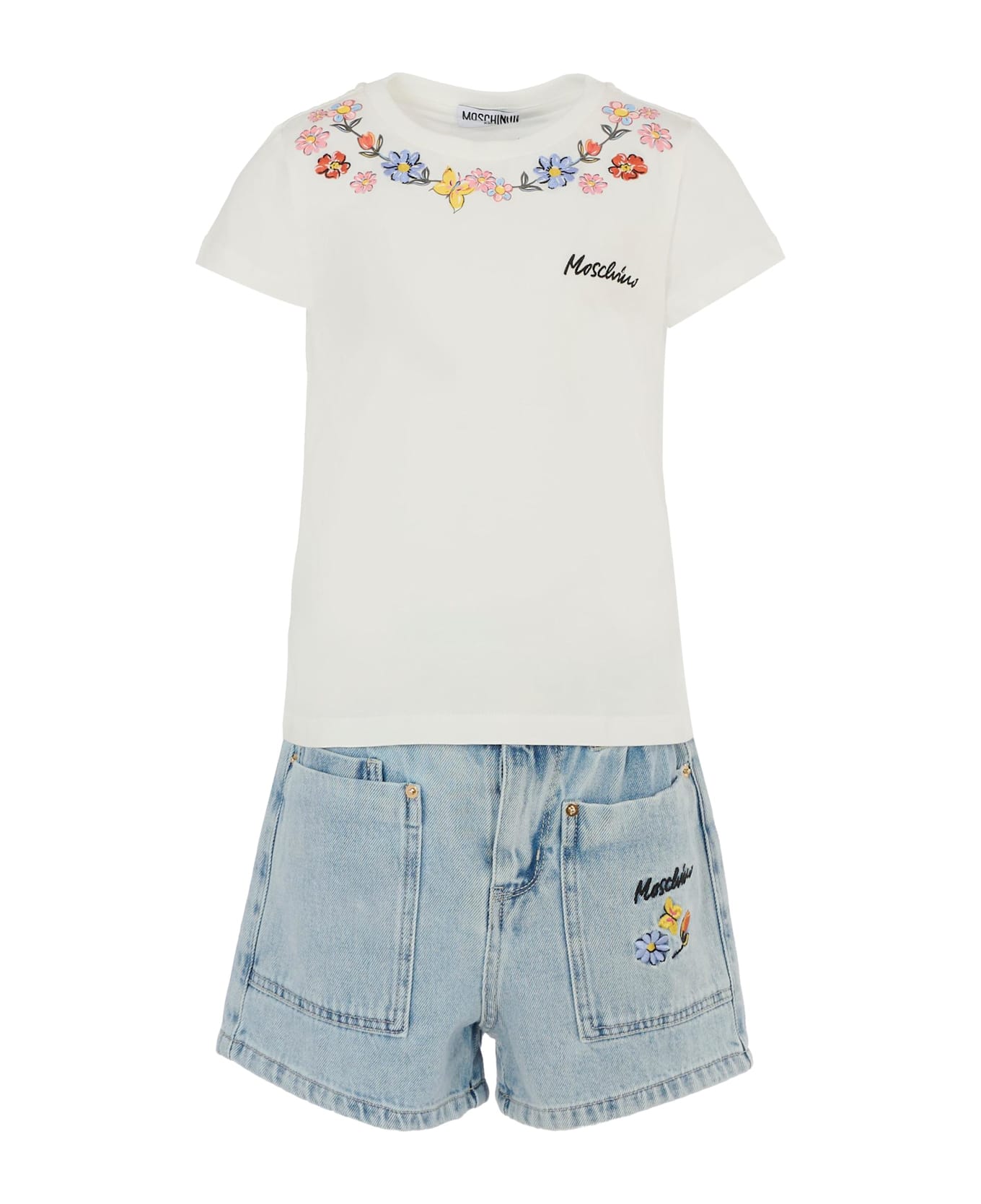 Moschino White Suit For Girl With Flowers - White