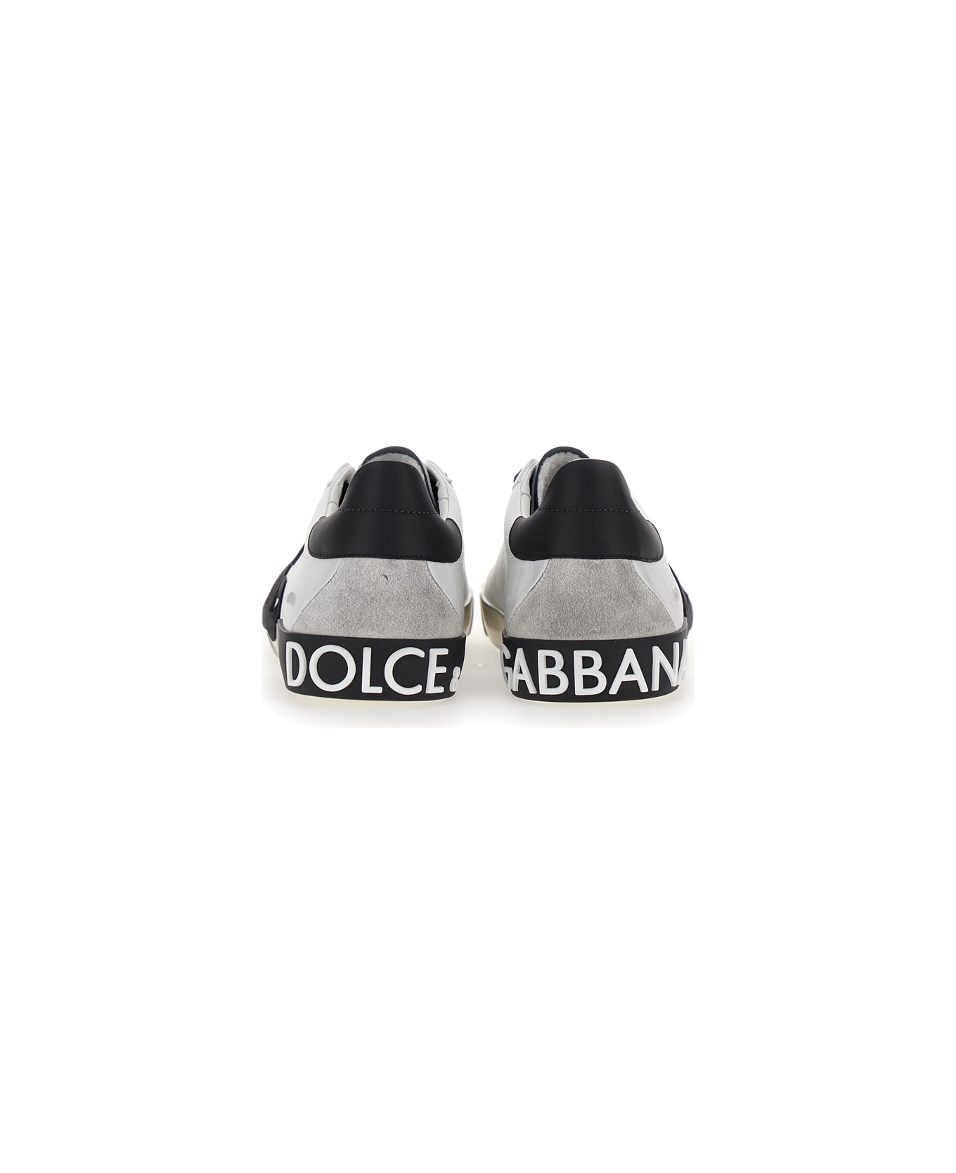 Dolce & Gabbana 'portofino' White And Black Low Top Sneakers With Logo Patch And Used Effect In Leather Man - White