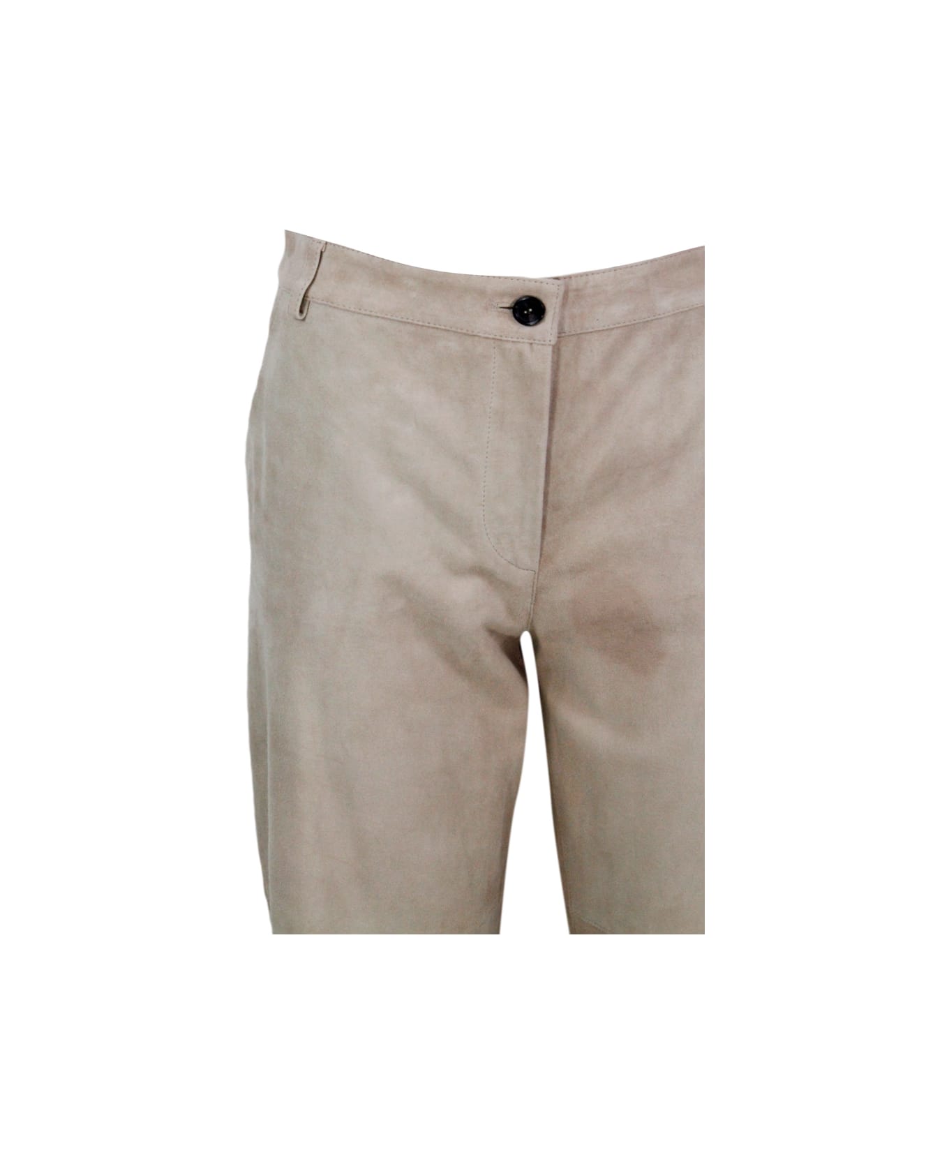 Antonelli Trousers Made Of Soft Suede, With A Soft Fit And Zip And Button Closure With Elastic Waist On The Back. Welt Pockets. - Beige