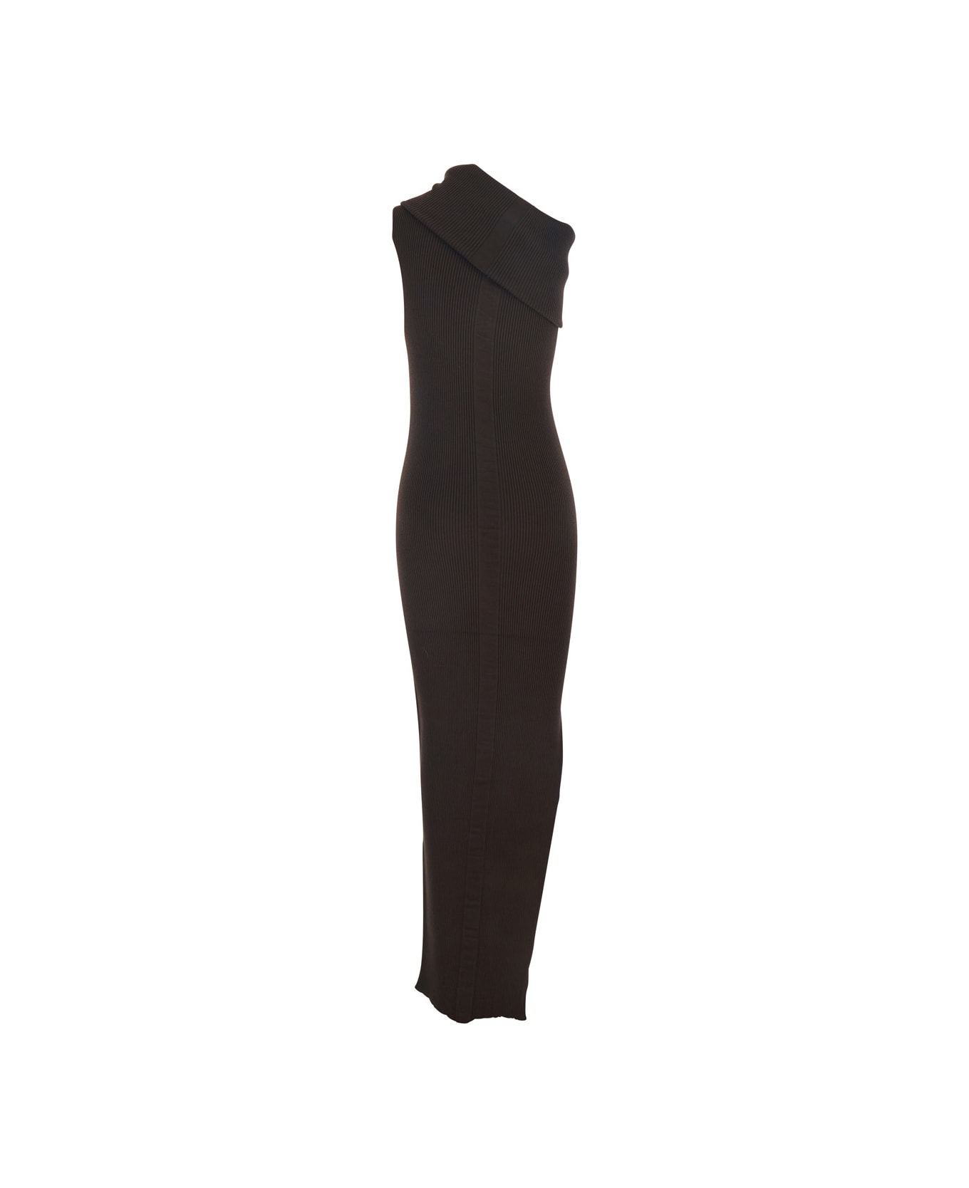 Rick Owens 'athena' Brown Ribbed Knit Sleeveless Asymmetric Long Dress With Wide Neckline In Viscose Blend Woman - Brown