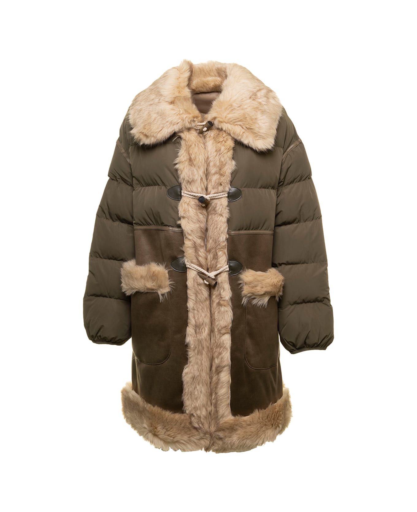 urbancode Khaki And Beige Reversible Puffer Jacket With Eco Fur Woman Urbancode - Green