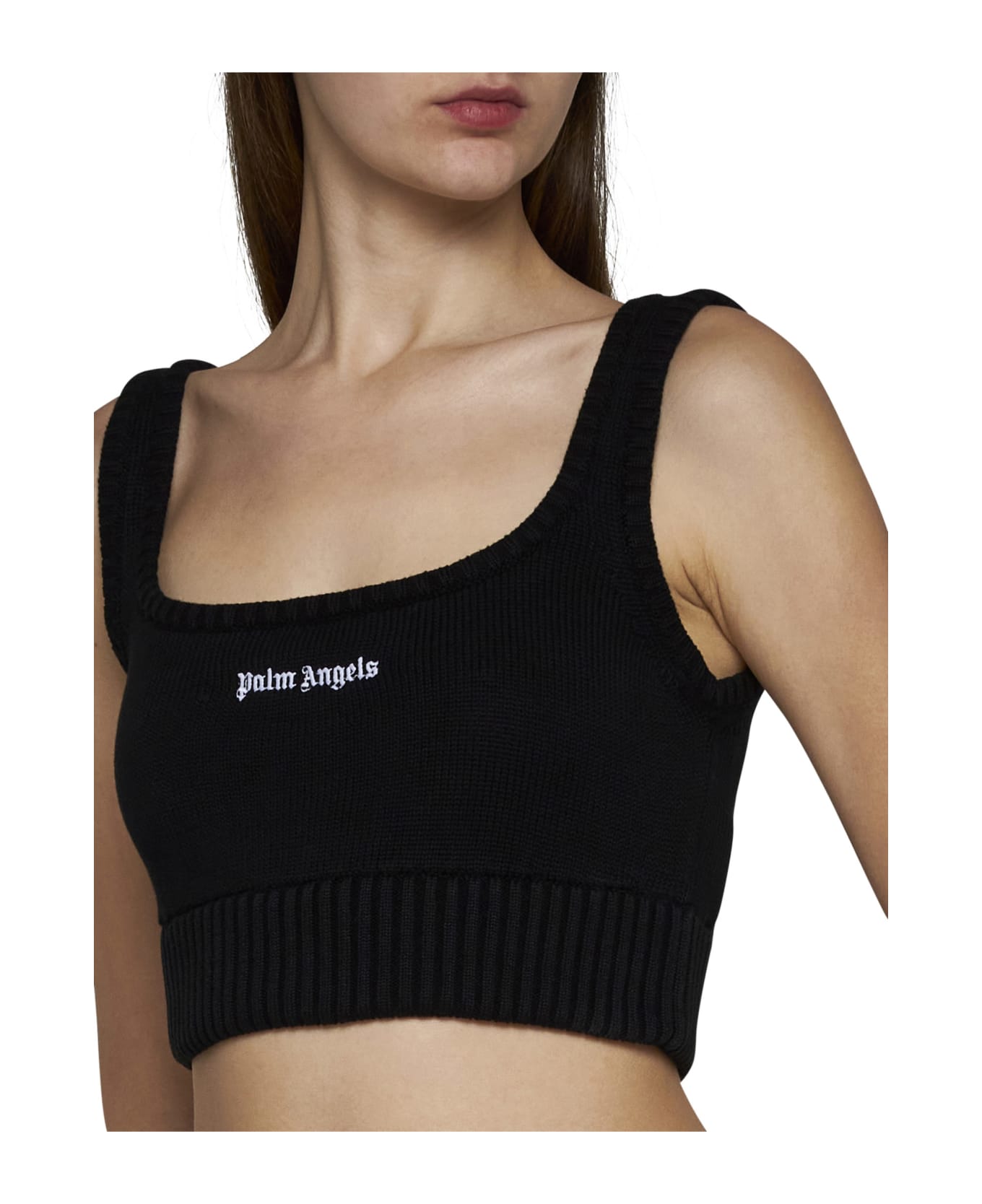 Palm Angels Logo Embroidered Cropped Knitted Tank Top - Black off white