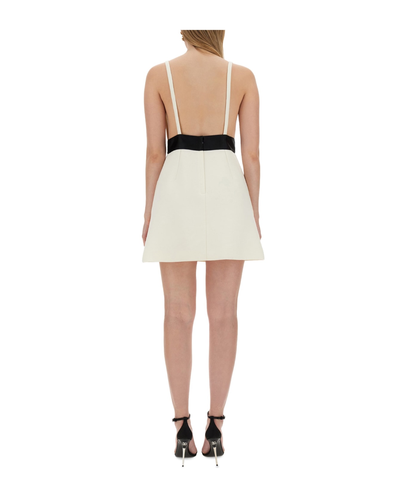 Dolce & Gabbana Short Dress With Shoulder Straps And Satin Belt - BIANCO