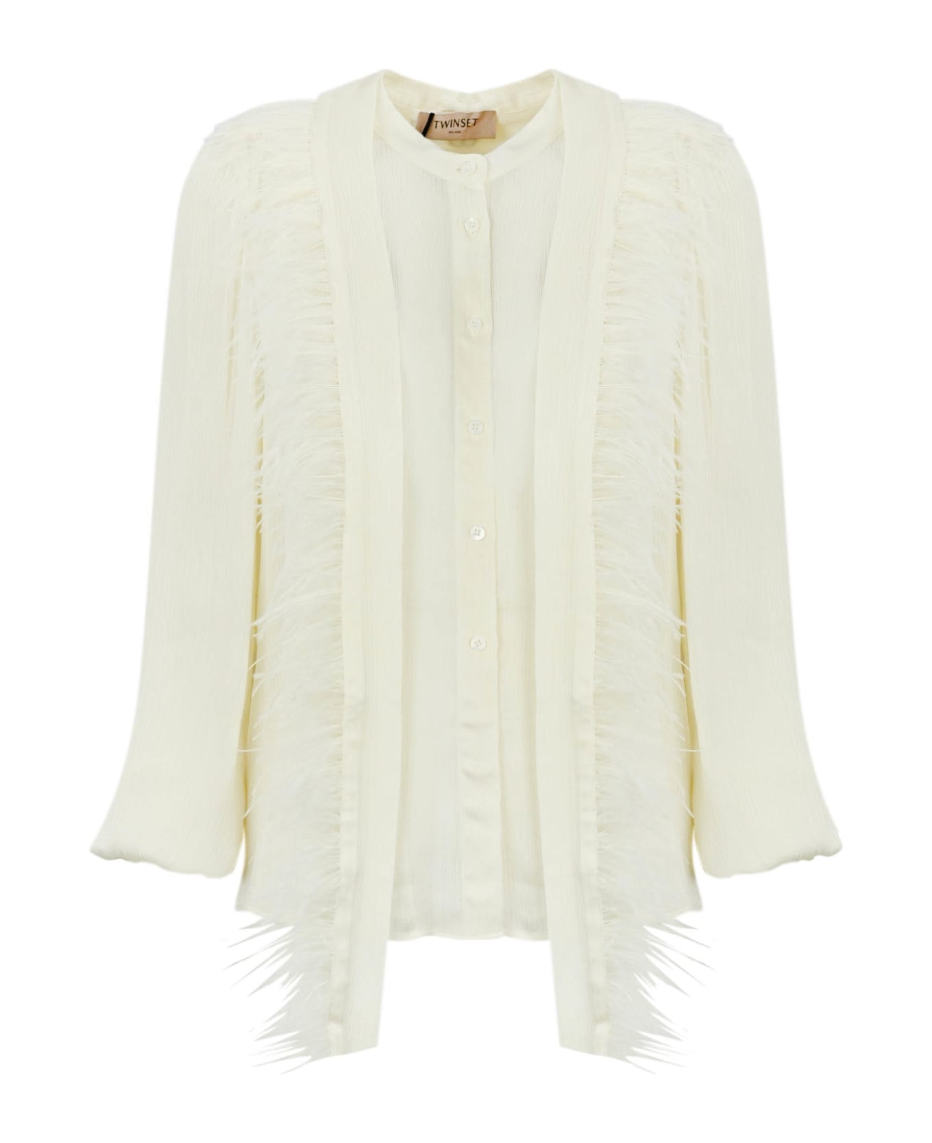 TwinSet Satin Shirt With Feathers - Ivory