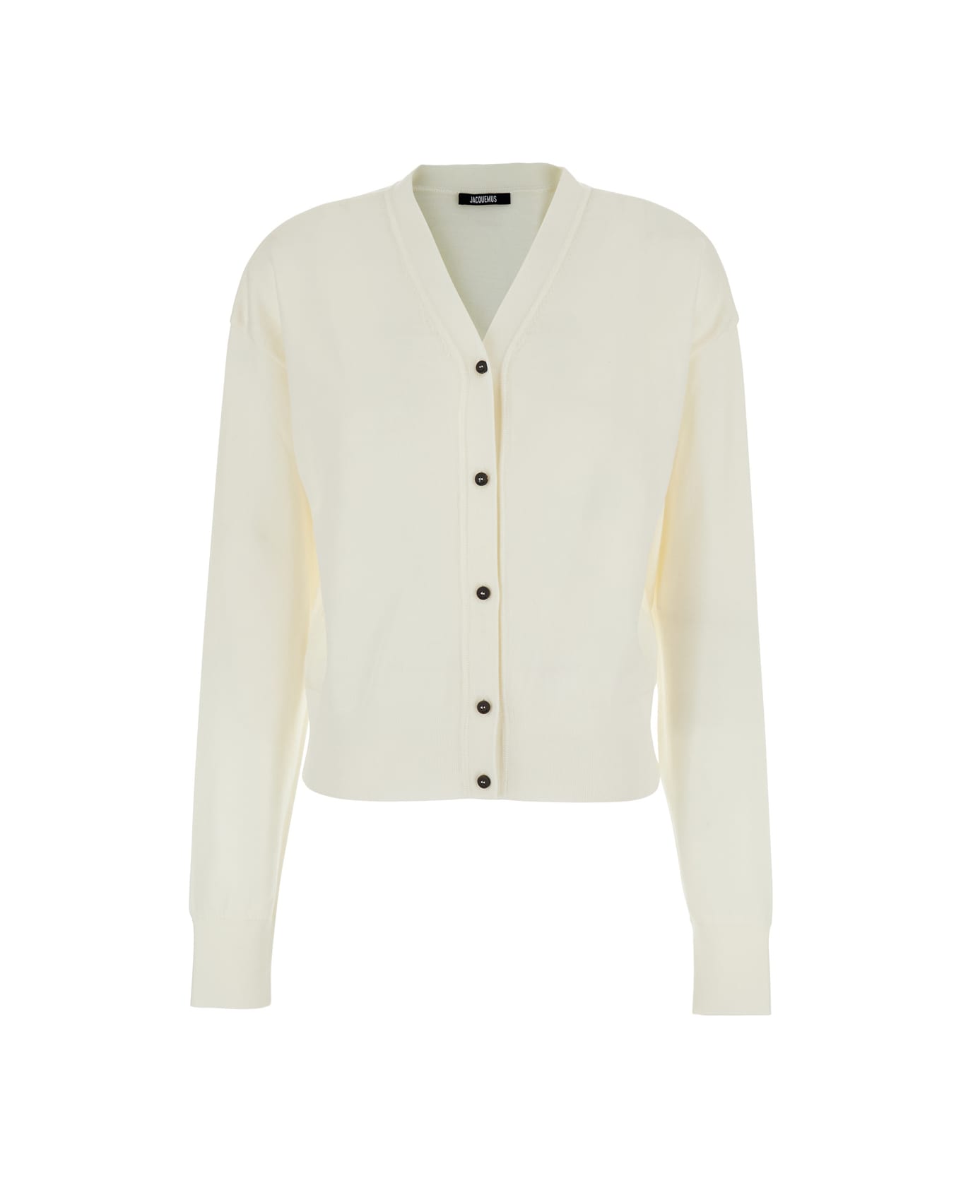 Jacquemus White V-neck Cardigan With Back Logo Lettering In Wool Woman - White