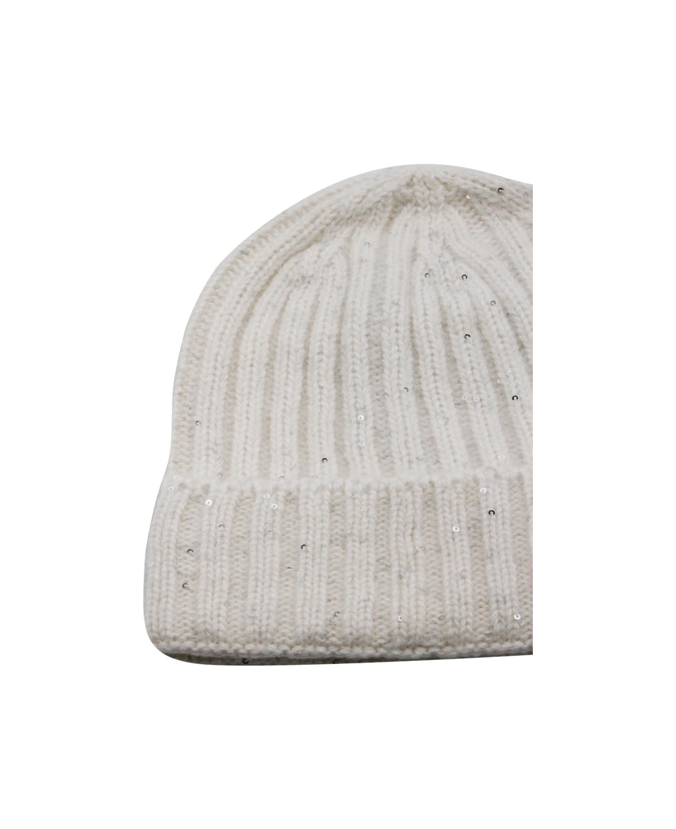 Fabiana Filippi Cap In Soft Wool, Silk And Cashmere Embellished With Micro Sequins - White