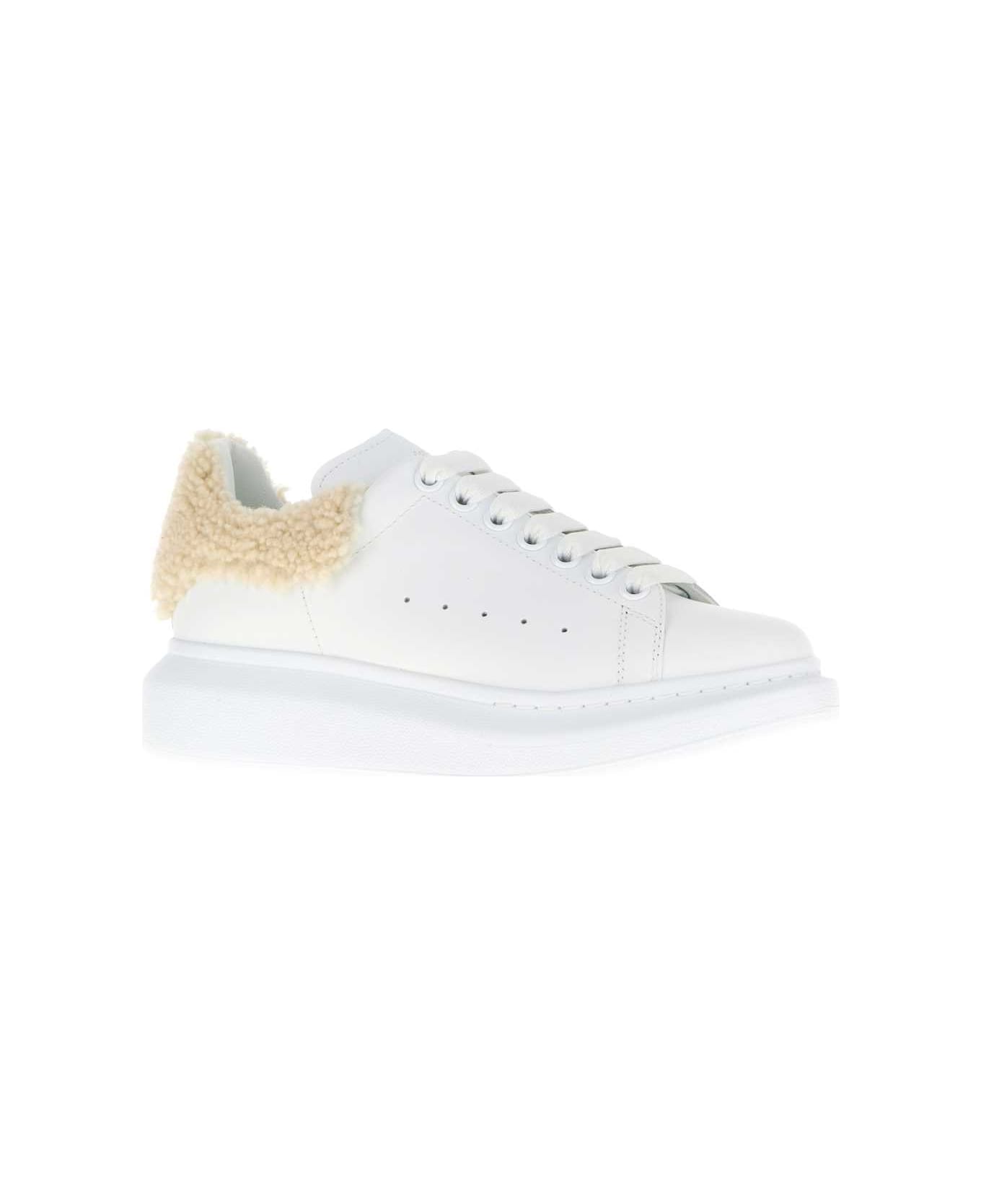 Alexander McQueen White Leather Sneakers With Beige Shearling Heel - WHITEBEIGE