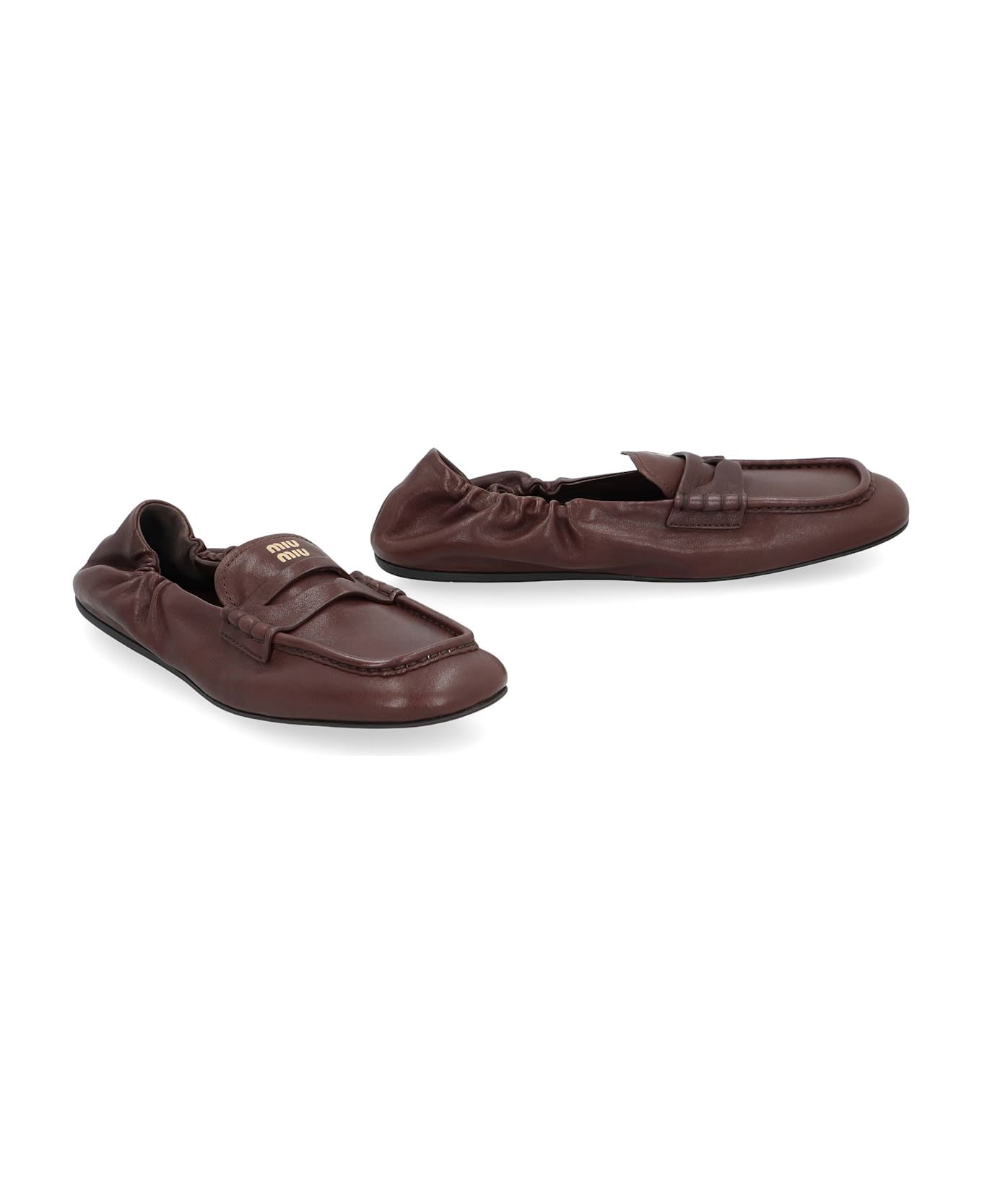 Miu Miu Ruches Leather Loafers - brown