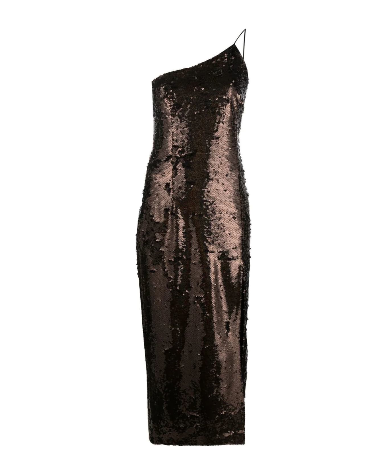 NEW ARRIVALS Sequin-embellished Asymmetric Midi Dress - BROWN