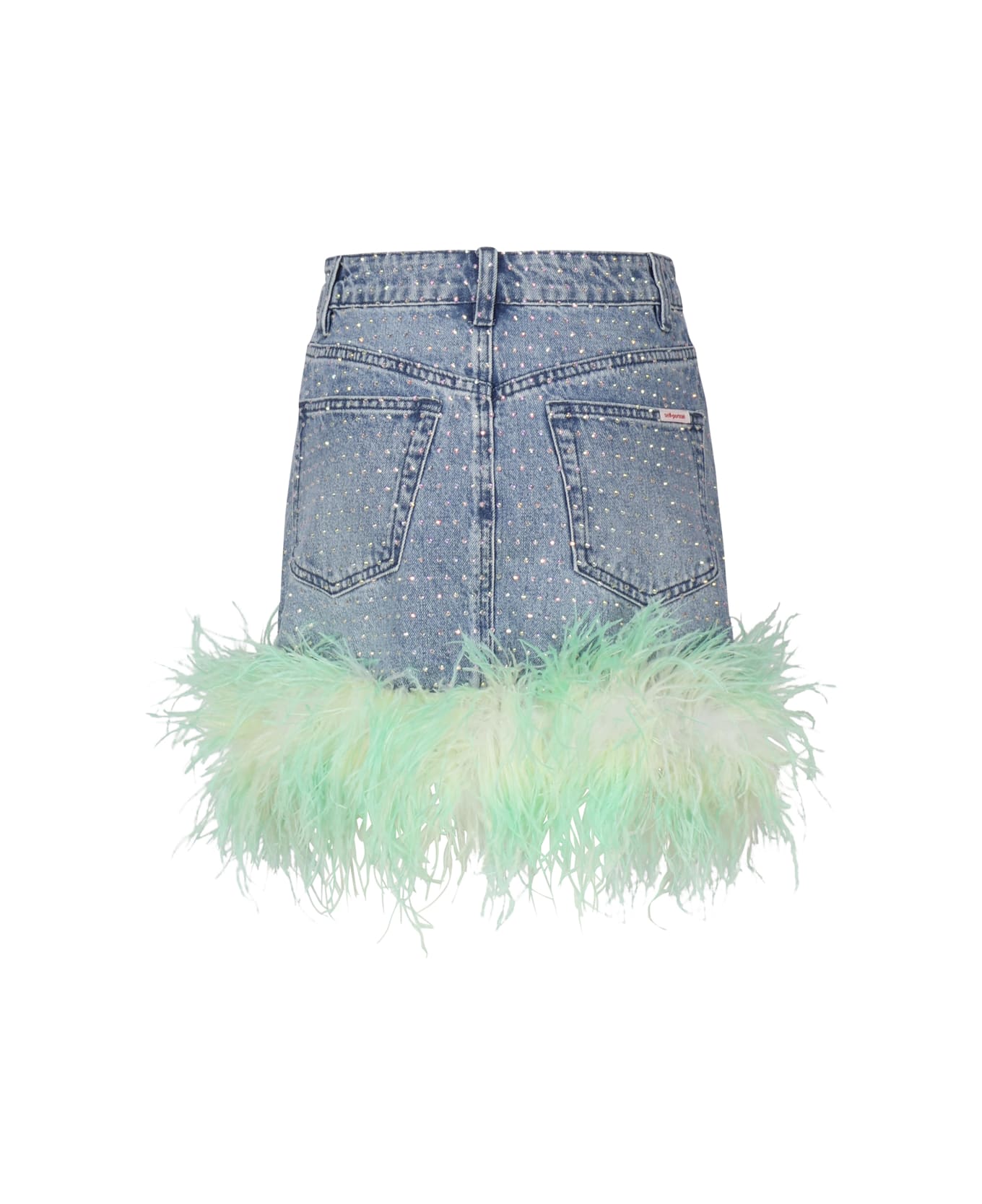 self-portrait Denim Skirt With Rhinestone Feathers - Blue, green