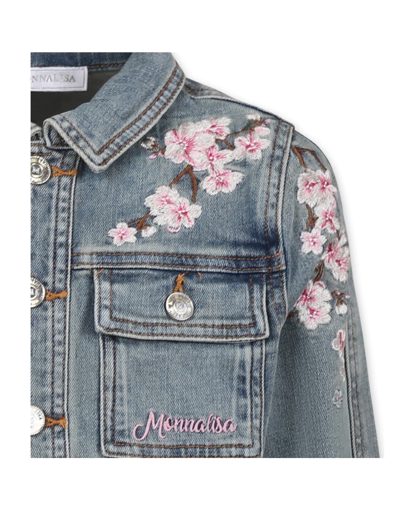 Monnalisa Grey Denim Jacket For Girl With Logo And Embroidery - Grey