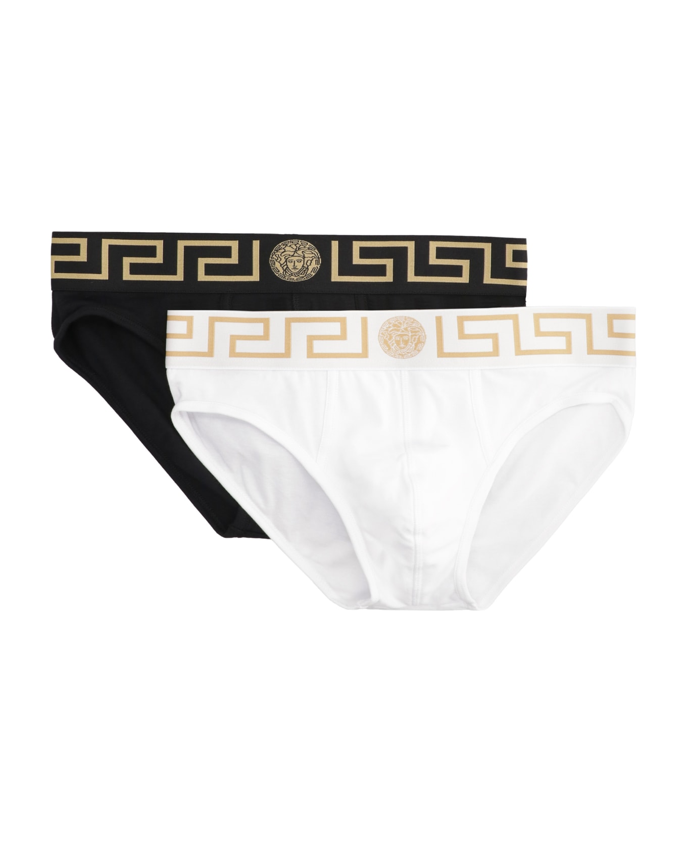 Versace Set Of Two Cotton Briefs With Logoed Elastic Band - K Nero Bianco