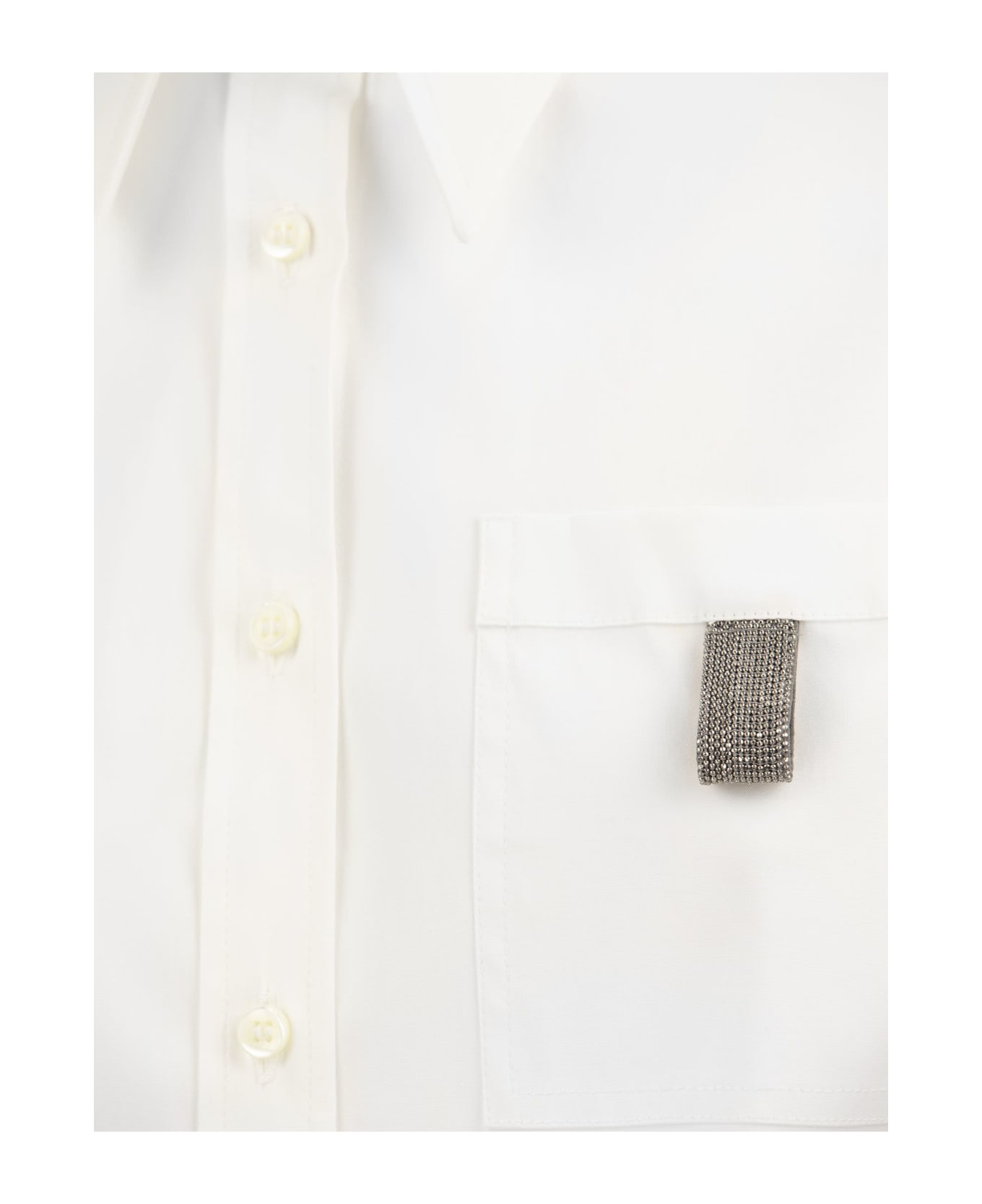 Brunello Cucinelli Stretch Cotton Poplin Shirt With 'shiny Tab' - White