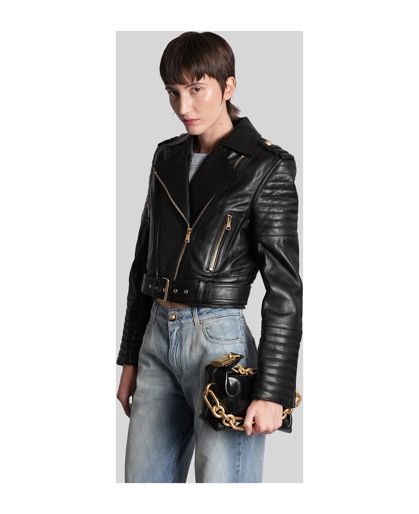 Balmain Biker Jacket In Black Leather - black