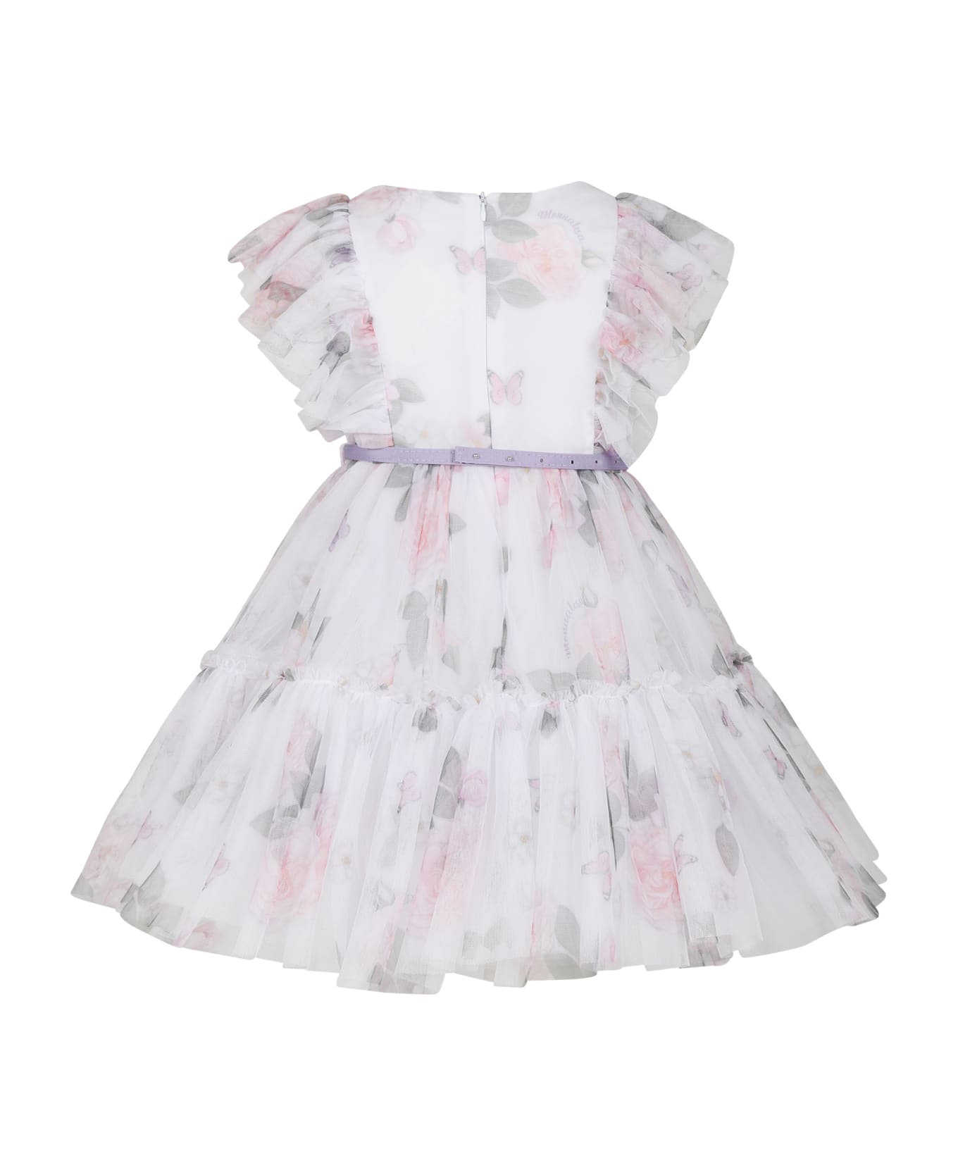 Monnalisa White Dress For Girl With Floral Print - White ワンピース＆ドレス