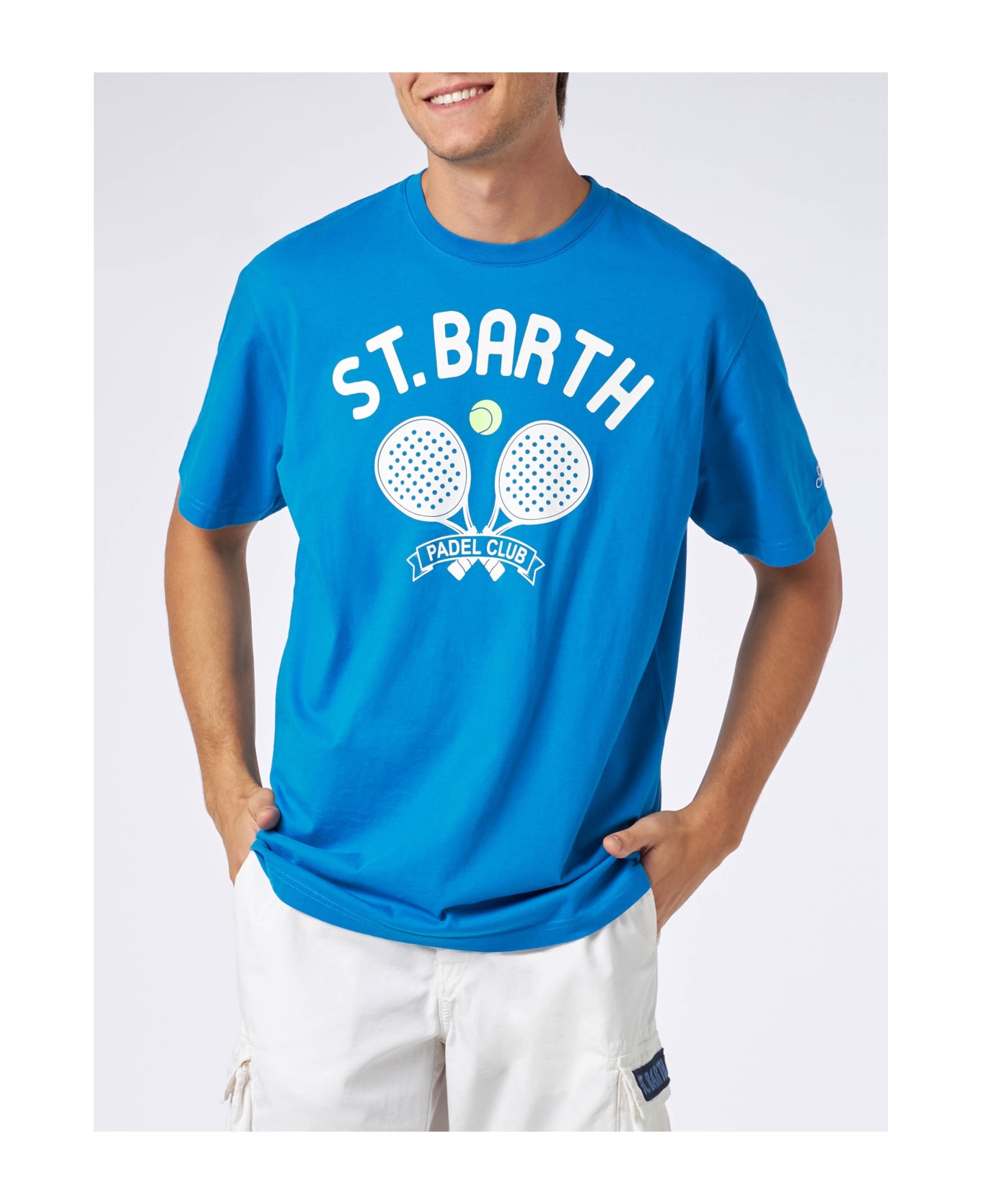 MC2 Saint Barth Man Heavy Cotton T-shirt With St. Barth Padel Club Print - BLUE