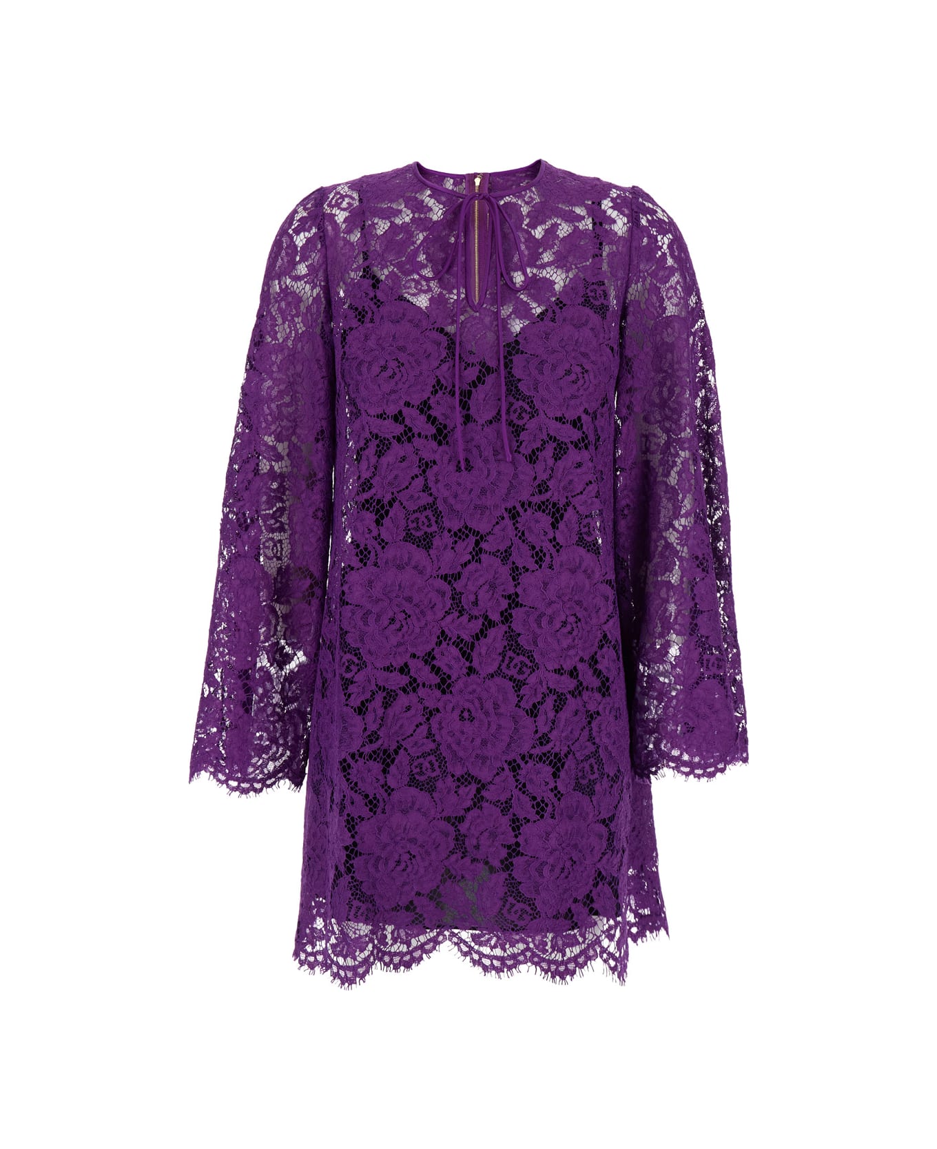 Dolce 
Gabbana Violet Dress With Round Neck And All-over Floral Embroidery In Cotton Blend Woman - Violet