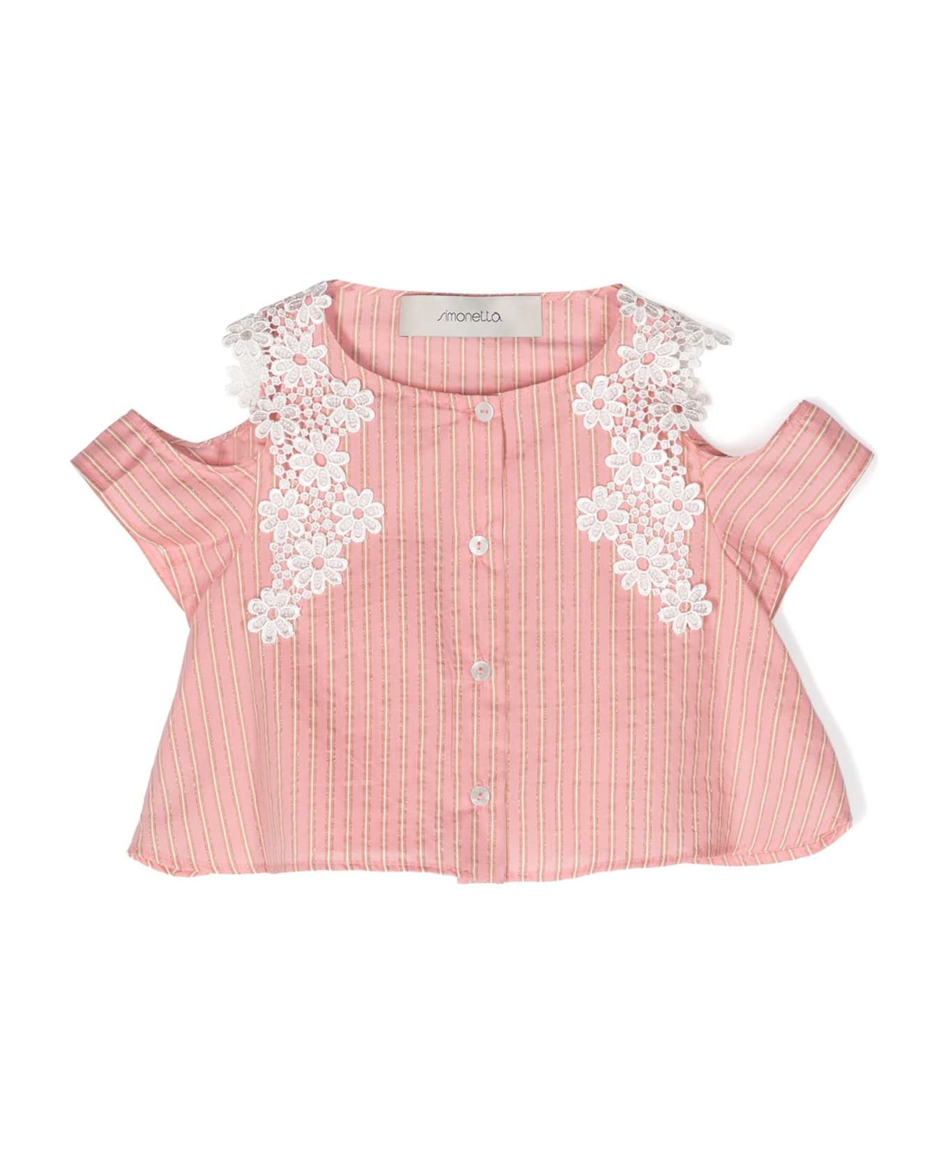 Simonetta Pink Lamé Striped Shirt With Lace - Pink