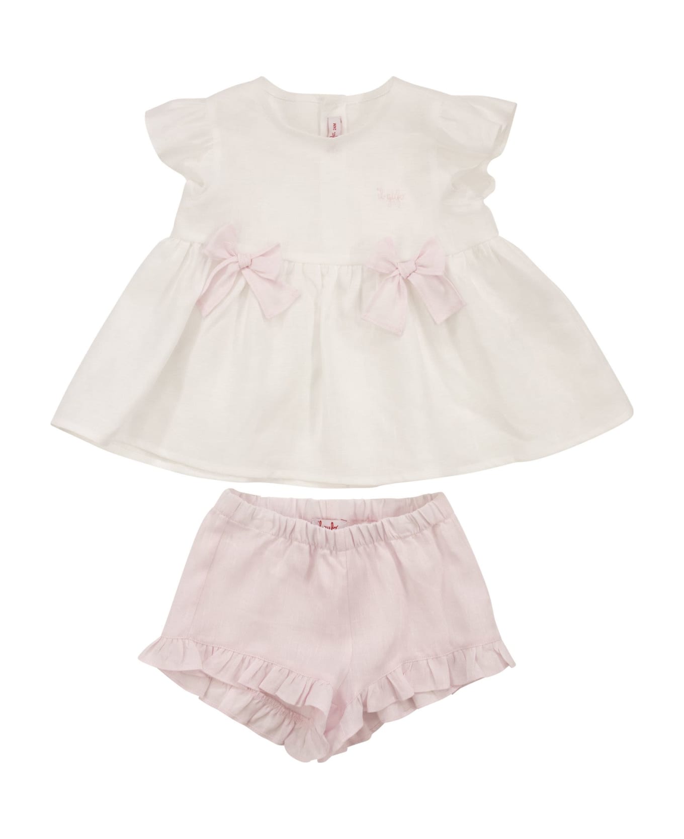 Il Gufo Linen Suit With Bows - White/pink ボディスーツ＆セットアップ