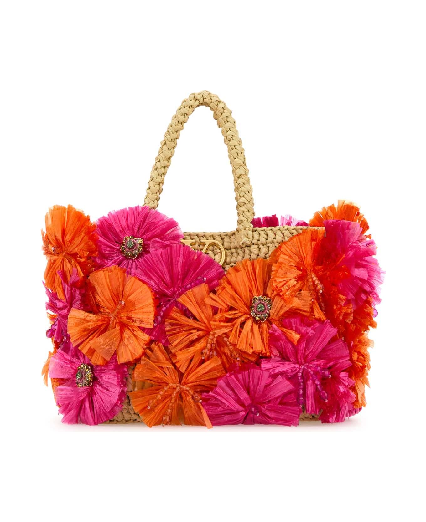Valentino Garavani Embellished Raffia Vlogo Signature Handbag - NATURALEROSSOROSANATURALCAMEL