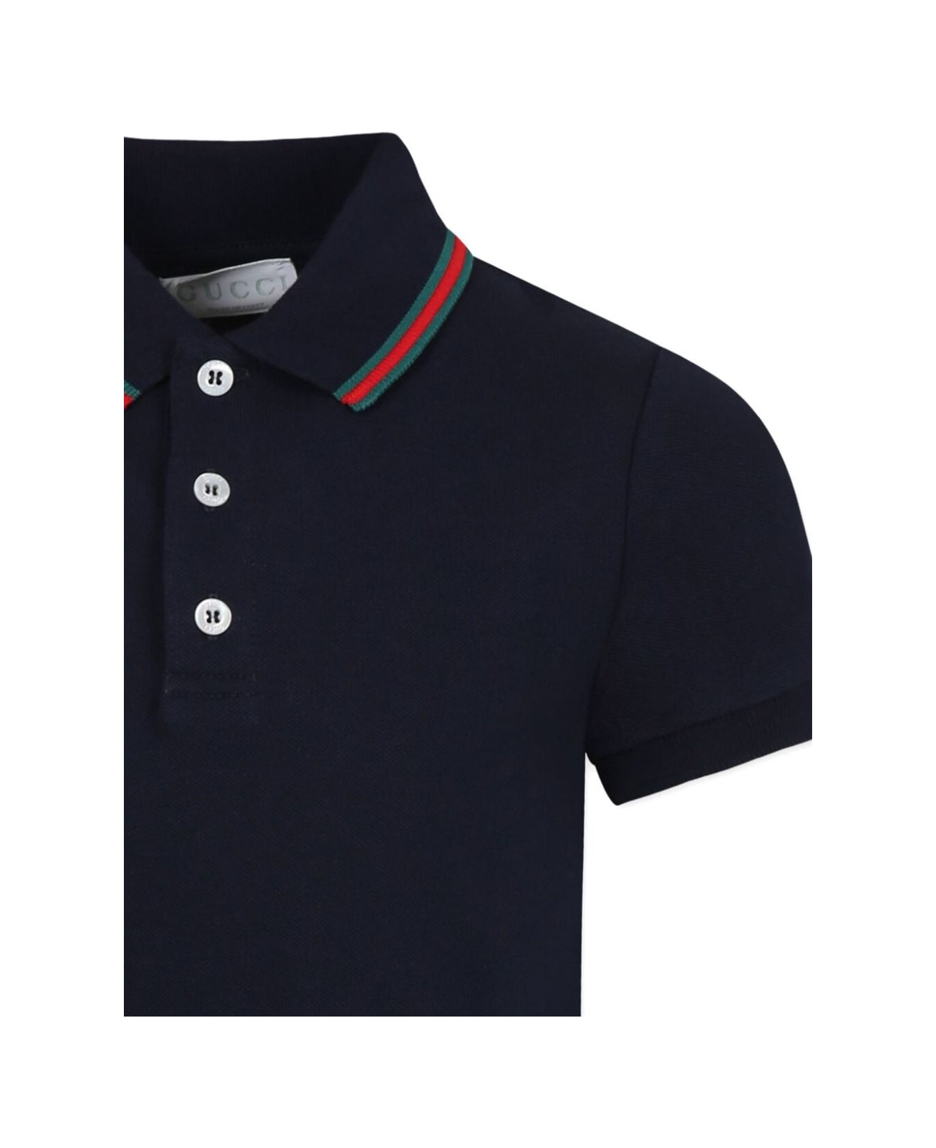 Gucci Blue Polo Shier With Classic Collar With Web Motif In Cotton Boy - Blu